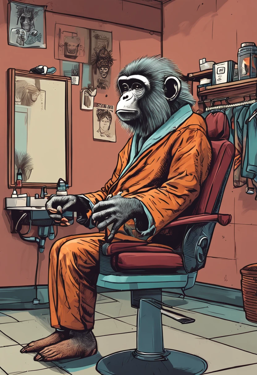 "Hairdressing humanoid monkey in his salon waiting for his customers" (realistic illustration)