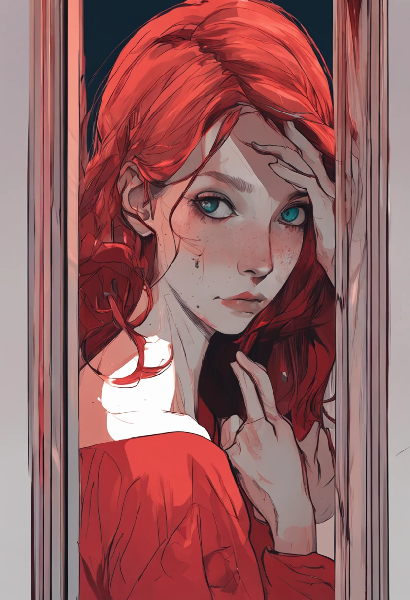 Anime girl in a red dress looking in a mirror, Emotional image, Emotional sad painting, with a mirror, Looking in a mirror, hugging, Looking in the mirror, , Looking in the mirror, , Looking in the mirror, Self-portrait!!!, a picture, by Lizzy Ansingh, What depression looks like, by Maryam Hashemi