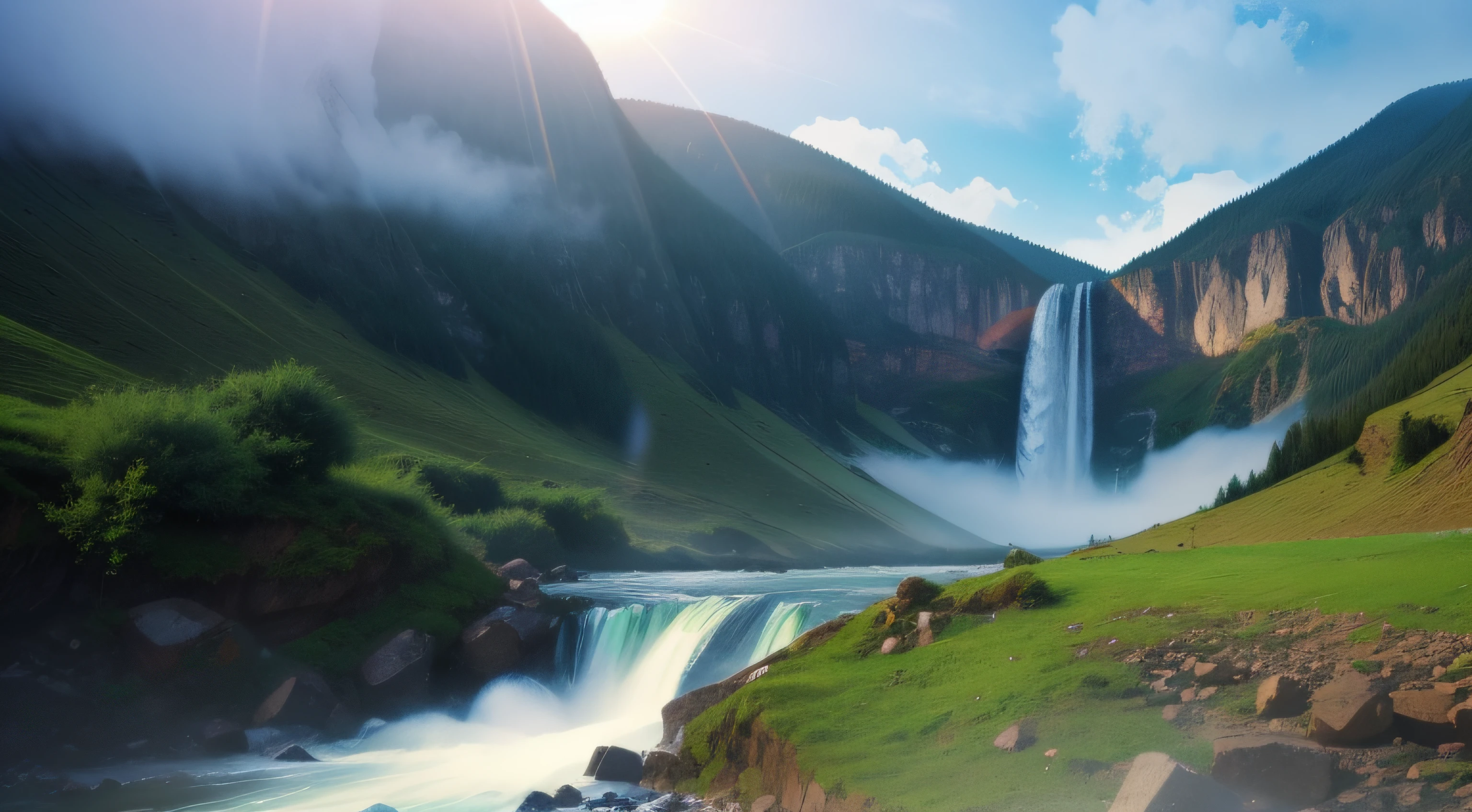High mountains and flowing water,waterfallr,rainbowing,suns,fog atmosphere