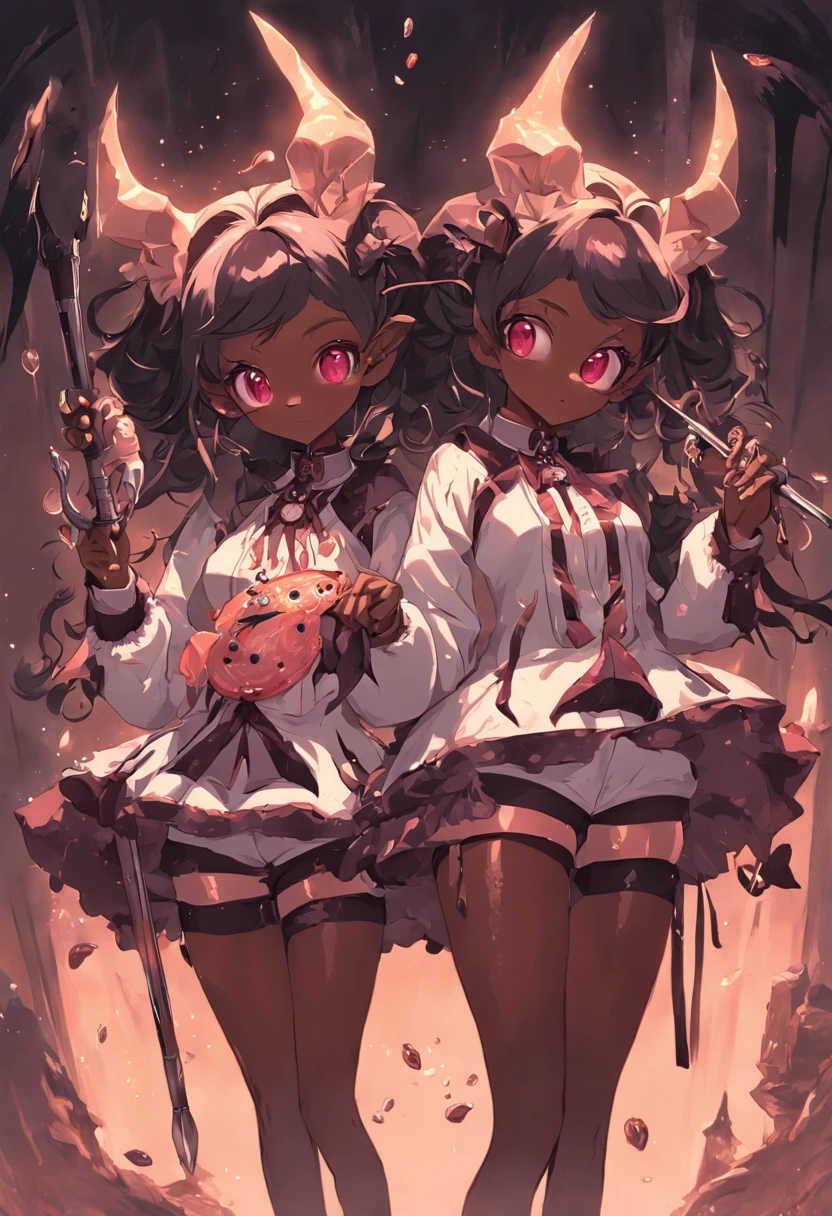 "Twins wielding fish-shaped weapons, sporting stylish shorts and tunics, with voluminous hair, nekominis, unique egg accessory, beautiful dark skin tone, creating a captivating 3D-rendered masterpiece with the surreal "Sabattier effect", surrounded by an echoing atmosphere, adorned with elegant horns, exuding immense cuteness in a gothic lolita style."