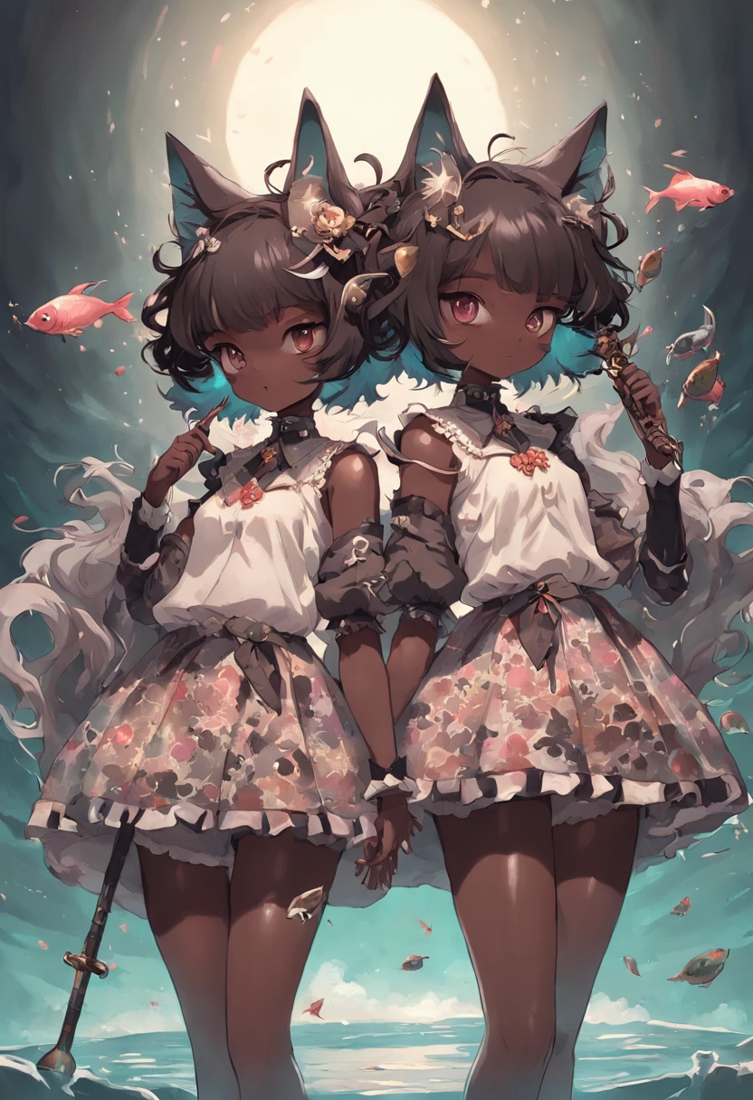 "Twins wielding fish-shaped weapons, sporting stylish shorts and tunics, with voluminous hair, nekominis, unique egg accessory, beautiful dark skin tone, creating a captivating 3D-rendered masterpiece with the surreal "Sabattier effect", surrounded by an echoing atmosphere, adorned with elegant horns, exuding immense cuteness in a gothic lolita style."