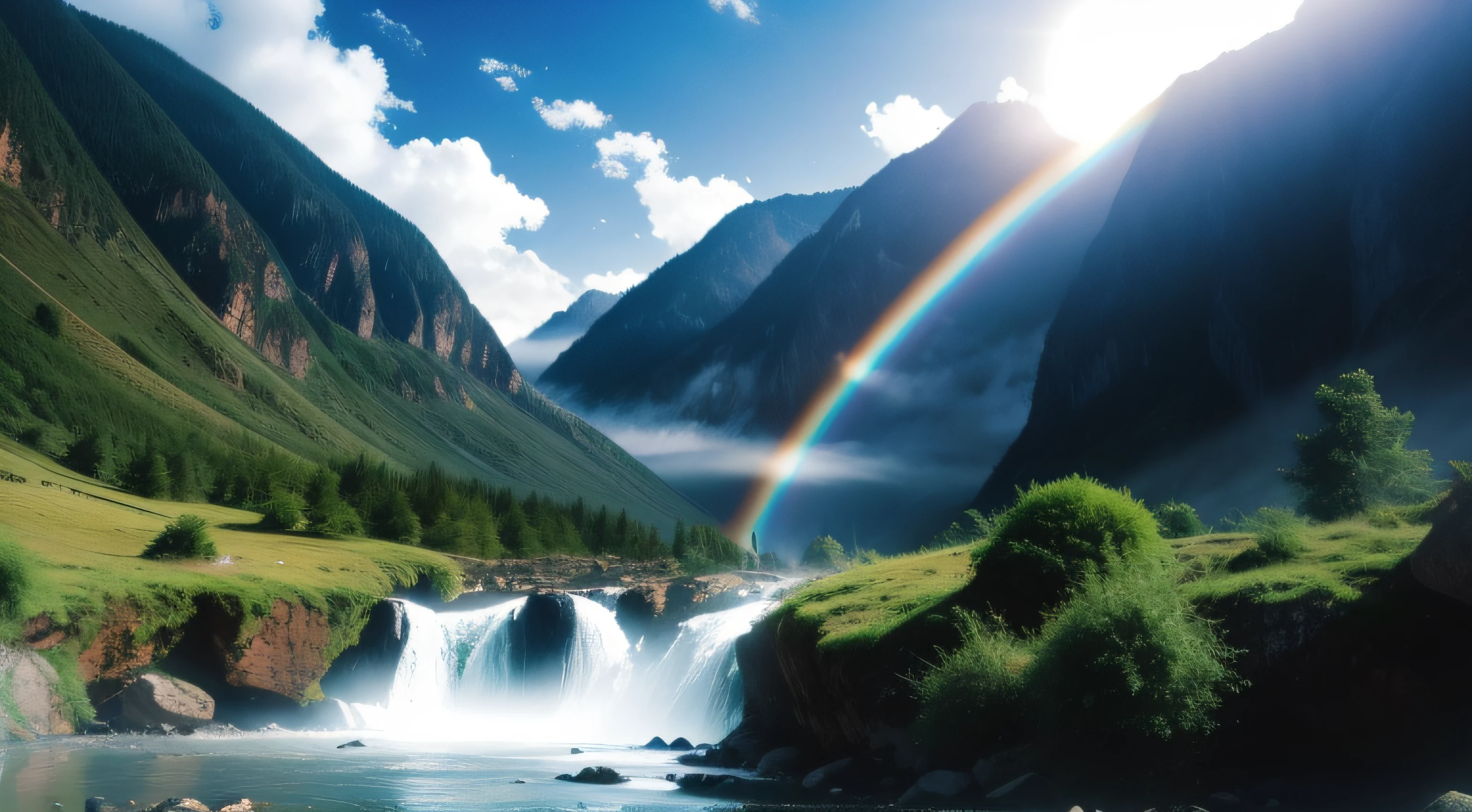 High mountains and flowing water,waterfallr,rainbowing,suns,fog atmosphere