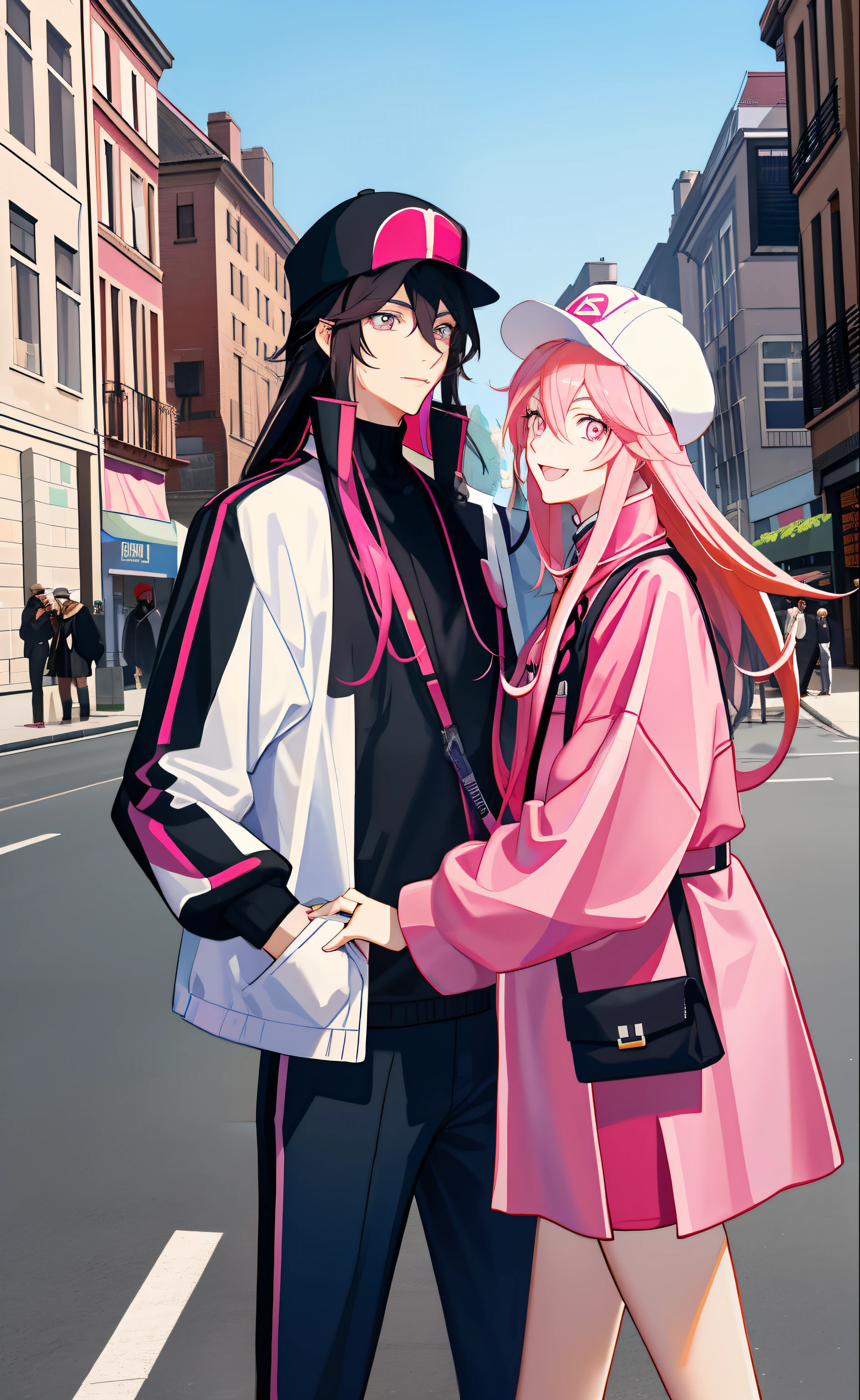 tmasterpiece,Need,2guys,couple,1man with 1woman,Height difference,having fun,Love,ssmile,leisure wear,Oversized,Different fashions,Modern urban streets,Hand in hand,Hats,Women have long pink hair,Men have medium to long black hair,