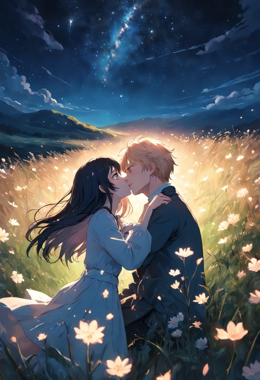 She and he lay face down in a field full of highland flowers,、Looking up at the night sky.、Maybe it's because it's cold., Their breath looks pale white.、The light source is a star in the night sky々Light only、She suddenly turns to him and blushes、A shooting star visible from the position of the head flowed into the night sky.、The area is pitch dark、In the darkness、masutepiece、realisitic、Passionate kiss、Highly detailed background,Realistic,ultra-detailliert,super detailed skin,light glow,Film grain,Expro II,Lens Flare,Sharpen,cinematic shadow