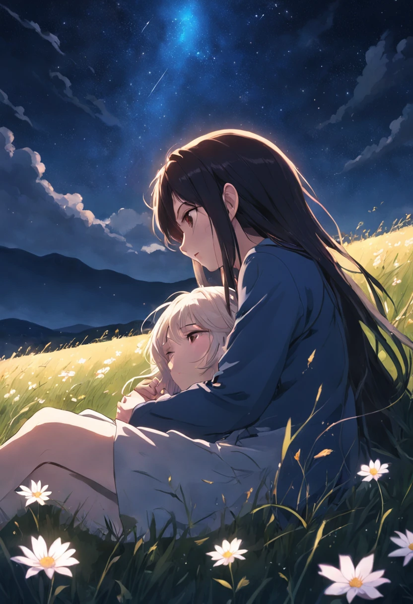 She and he lay face down in a field full of highland flowers,、Looking up at the night sky.、Maybe it's because it's cold., Their breath looks pale white.、The light source is a star in the night sky々Light only、She suddenly turns to him and blushes、A shooting star visible from the position of the head flowed into the night sky.、The area is pitch dark、In the darkness、masutepiece、realisitic、Passionate kiss、Highly detailed background,Realistic,ultra-detailliert,super detailed skin,light glow,Film grain,Expro II,Lens Flare,Sharpen,cinematic shadow
