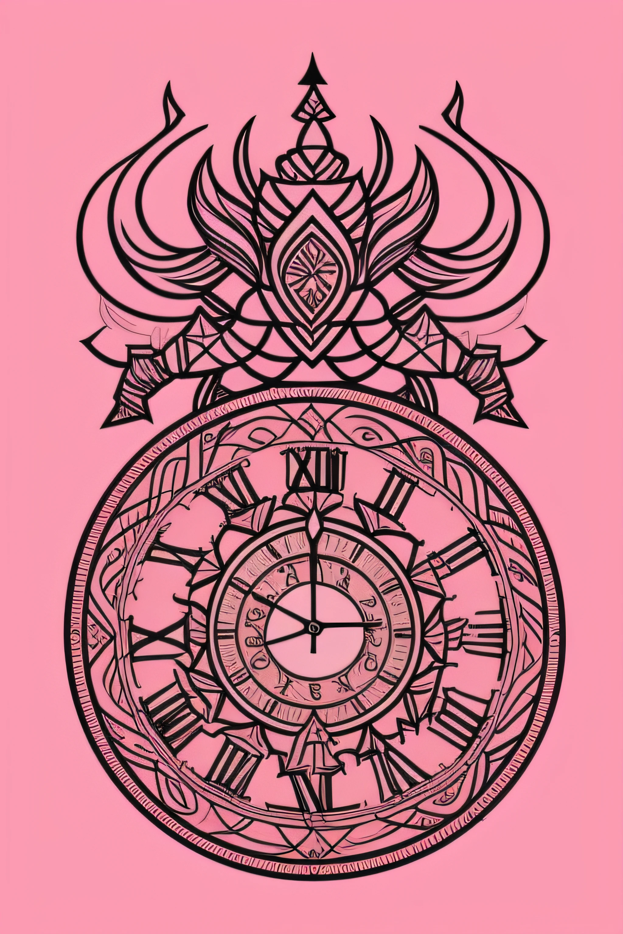 Draw a dwarf clock hand and an elven, sendo o primeiro com linhas retas e duras, e o segundo cheio de curvas e arabescos, to be used symmetrically in the style of wind pink