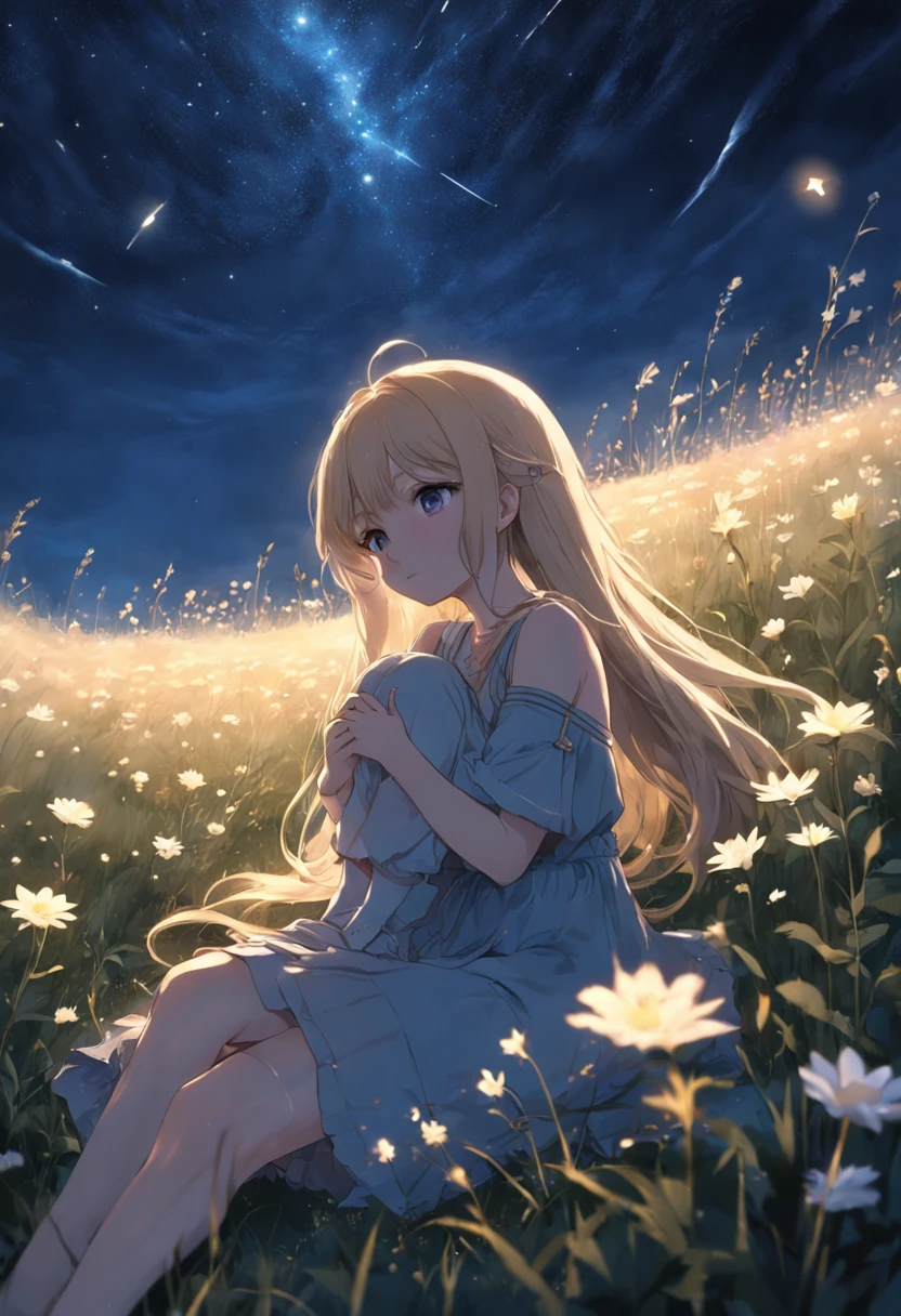 On her knee pillow in a field full of flowers on the plateau he lay with his head,、Looking up at the night sky.、Maybe it's because it's cold., Their breath looks pale white.、The light source is a star in the night sky々Light only、She suddenly turns to him and blushes、A shooting star visible from the position of the head flowed into the night sky.、The area is pitch dark、In the darkness、masutepiece、realisitic、Highly detailed background，Realistic，ultra-detailliert，super detailed skin，light glow，Film grain，Expro II，Lens Flare，Sharpen，cinematic shadow