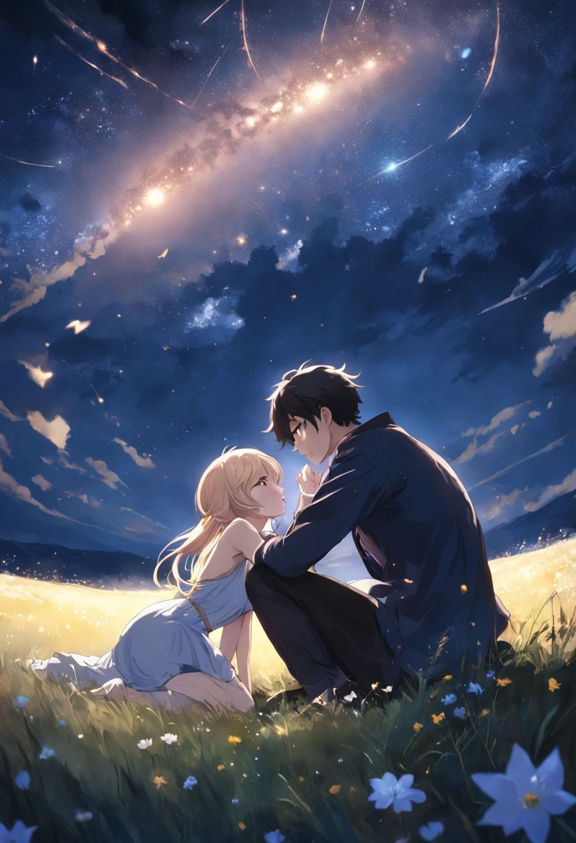 On her knee pillow in a field full of flowers on the plateau he lay with his head,、Looking up at the night sky.、Maybe it's because it's cold., Their breath looks pale white.、The light source is a star in the night sky々Light only、She suddenly turns to him and blushes、A shooting star visible from the position of the head flowed into the night sky.、The area is pitch dark、In the darkness、masutepiece、realisitic、Highly detailed background,Realistic,ultra-detailliert,super detailed skin,light glow,Film grain,Expro II,Lens Flare,Sharpen,cinematic shadow