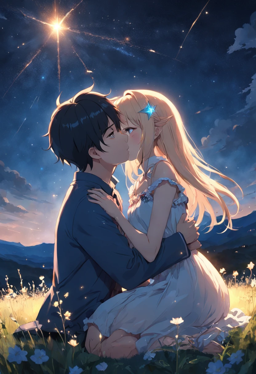 On her knee pillow in a field full of flowers on the plateau he lay with his head,、Looking up at the night sky.、Maybe it's because it's cold., Their breath looks pale white.、The light source is a star in the night sky々Light only、She suddenly turns to him and blushes、A shooting star visible from the position of the head flowed into the night sky.、The area is pitch dark、In the darkness、masutepiece、realisitic、Highly detailed background，Realistic，ultra-detailliert，super detailed skin，light glow，Film grain，Expro II，Lens Flare，Sharpen，cinematic shadow