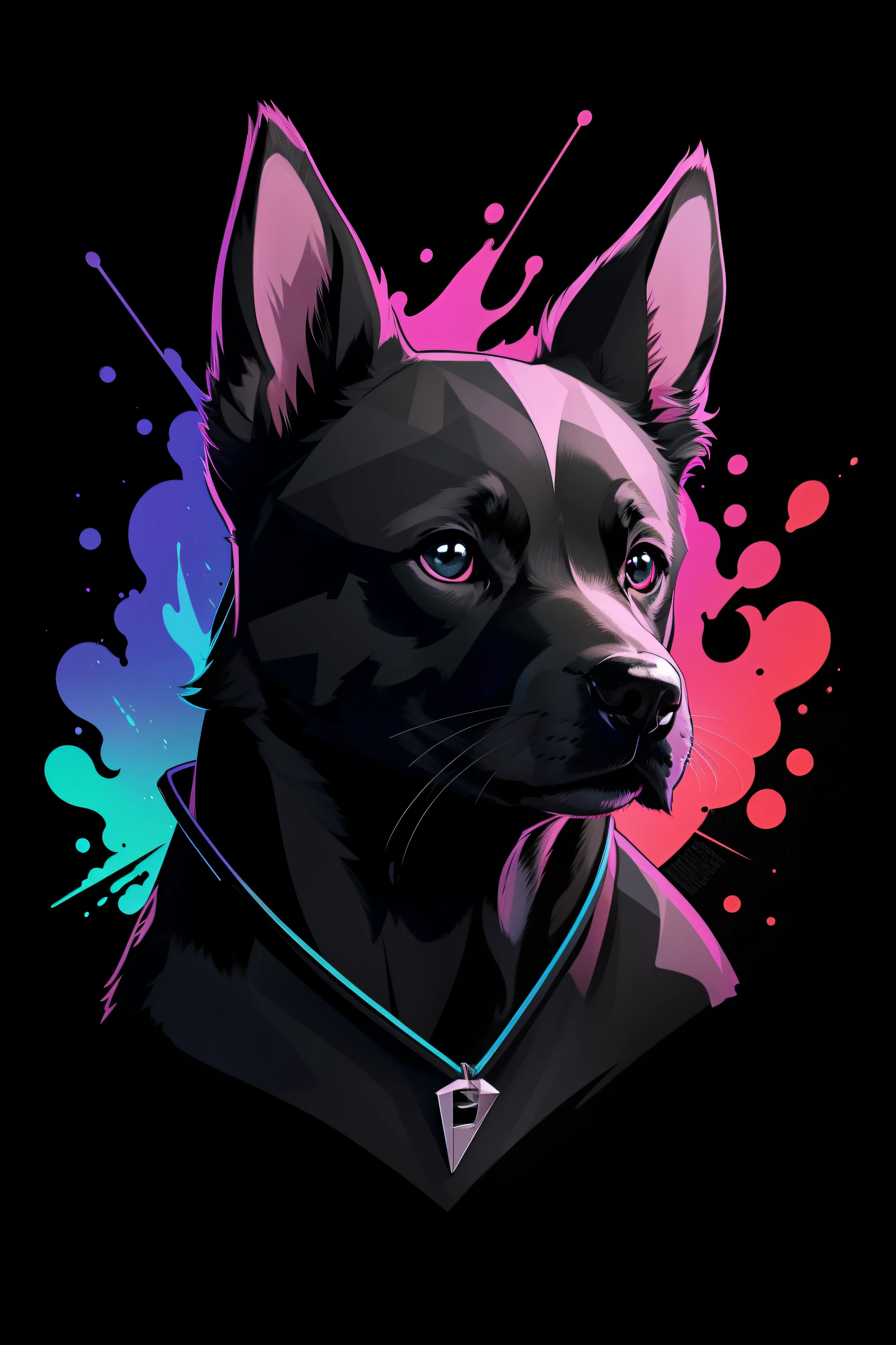 colorful logo, minimalist logo illustration of vector art of a black puppy head, wearing a headphone, ears down, front facing, magic, sharp design, smooth, monochromatic colorful, dark magic colorful paint splash, t-shirt design, in the style of Studio Ghibli, The design should be in vector art, showcasing the dog. Use Adobe Illustrator to craft the logo with crisp lines and a simple yet captivating look. Keep the design centered on the dog eyes, capturing their uniqueness and charm. The logo should evoke a sense of sophistication and tranquility. Emphasize a low-poly style to add a touch of uniqueness to the whiskers. The overall aesthetic should be sleek and stylish, making it suitable for branding and logo purposes, black background