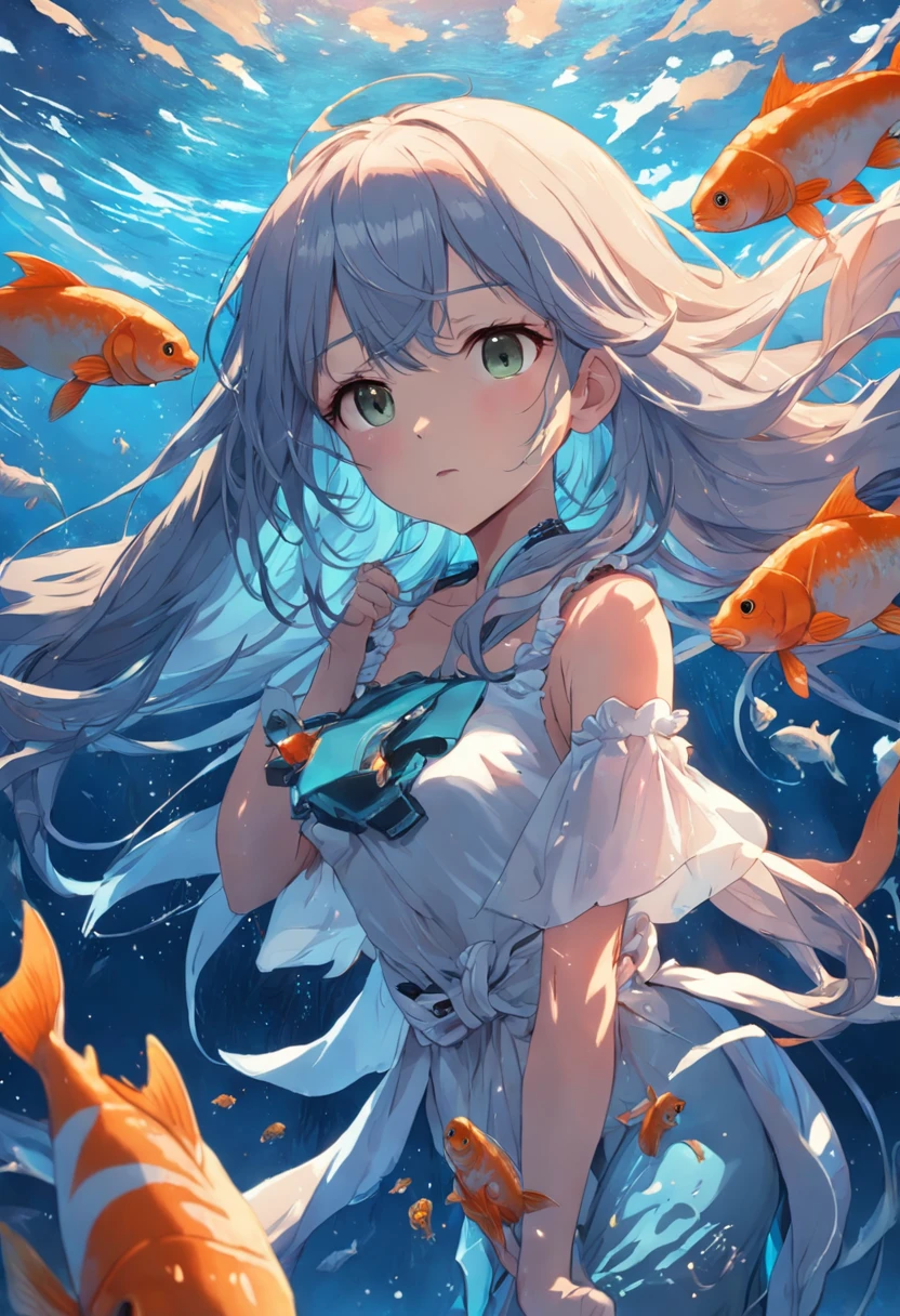 Anime Style、high resolution,((masterpiece:1.2)),aquarium、Aquarium with light streaming in、Beautiful fish、Girl looking at、cute,Unrealistic colors、Rainbow colors