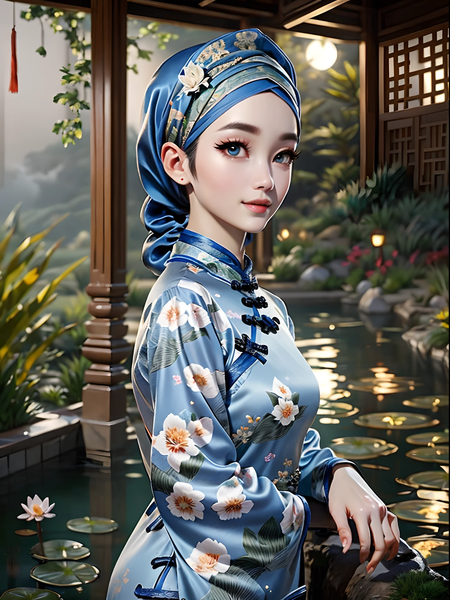 Masterpiece, Best Quality, 3D Rip Artwork, 3DMM Style, Portrait, Realism, a woman beautifully makeup, eyeshadow, Parted Lips, Detailed Eyes, beautiful big eyes, long eye lashes, smile wearing ((gray satin headscarf)), loosely tide hijab style, ((blue satin long sleeves cheongsam)), walking in followers garden, Chinese Ancient Architecture、Hazy moon、the night、trpical garden、bamboos、lakes、Stone、rockery、archs、nooks、rockery、The tree、flowingwater、scenecy、exteriors、waterfallr、grassy fields、Rochas、water lilies、hot onsen、water vapour、(illustratio:1.0)、Epic composition、Detail Enhancement,Detail enhancement。Realistic lighting
