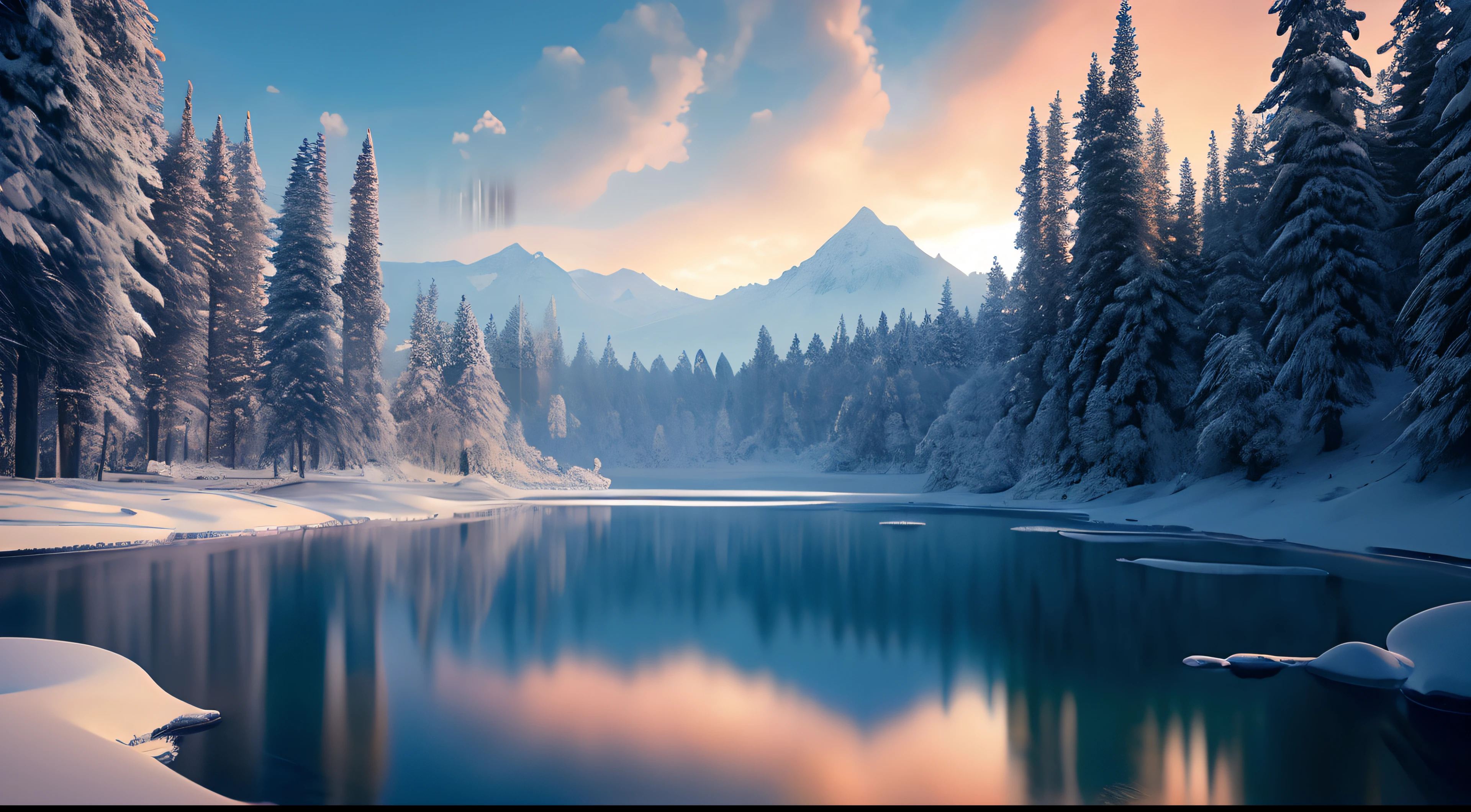 masutepiece, Best Quality, High quality, Highly detailed CG Unity 8k wallpaper, Mt. Halla, Snow, Winters, the woods,plein air, skyporn, day, landscape, Water, Trees, Blue sky, Waterfall, Nature, lake, River, Cloudy sky, award - winning photo, Bokeh, depth of fields, nffsw, bloom, chromatic abberation, Photorealism, Very detailed, Trending at ArtStation, trend at CGSociety, with an intricate, high detailing, Dramatic, Art of Medium Travel
