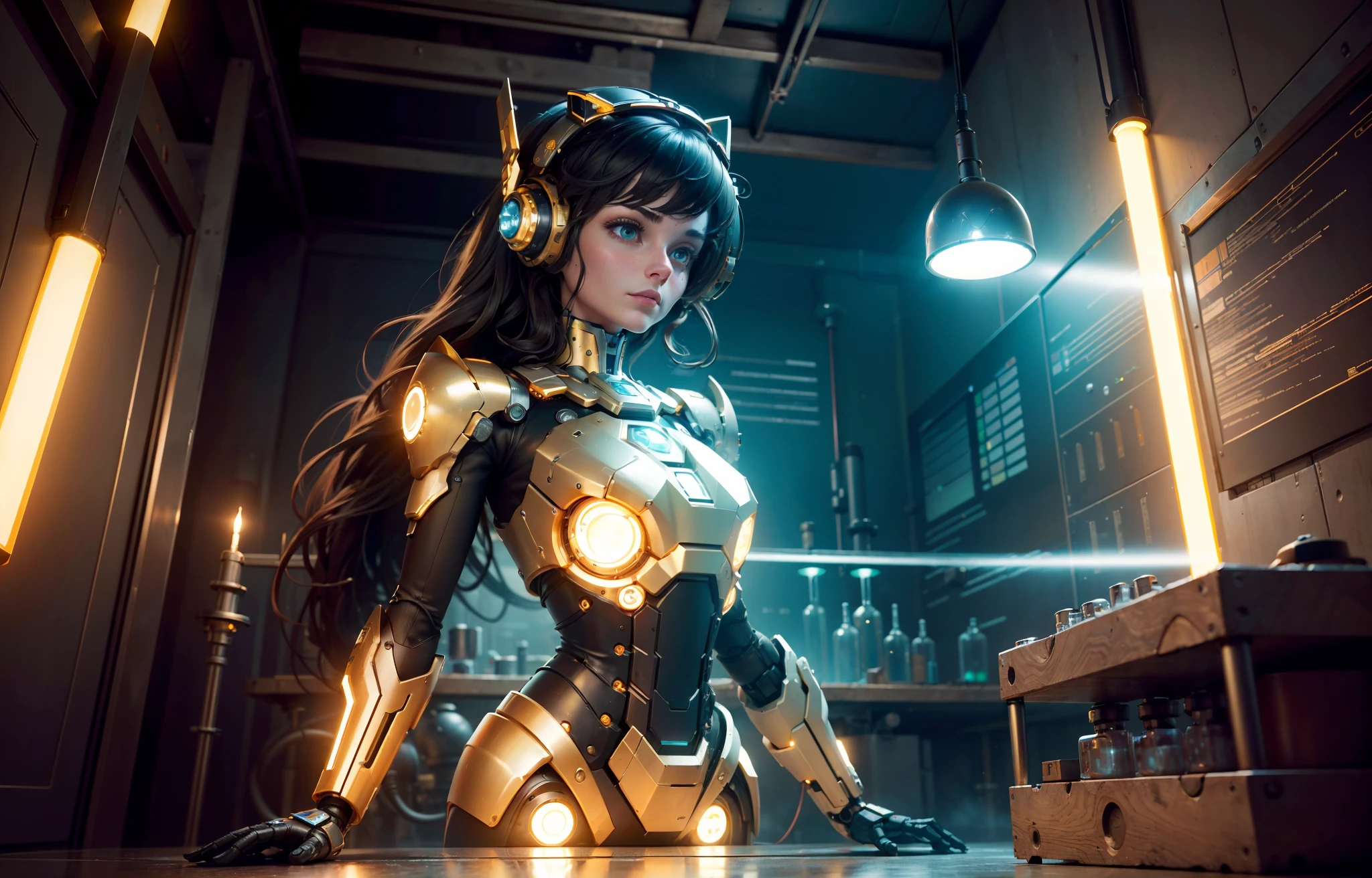 (((Wide view)))), (((Mechanical female head floating in the laboratory))), In the center of the room floats a robot head, (((The head and body are separated))), Its smooth metal surface reflects a dizzying variety of lights, Illuminate the room. Pipes and pipes snake through the walls, Attached to the head with complex precision.

When you look closely, You will find that this is no ordinary robot. The head is covered with wires and cables, Countless electrical connections give it almost unimaginable processing power. You can almost hear the hum of the engine while running in the circuit and the crackling of the current.

This is a marvel of modern engineering, Testifies to the power of human ingenuity and the infinite possibilities of technology. The beauty of the machine and the coldness of the metal parts are combined，Create an almost creepy effect, As if he were alive，, somehow, Not entirely true.

The scene is completed by kaleidoscopic lighting, Flashes and pulses in time with the rhythm of the machine. The overall effect is breathtaking, An incredible display of human creativity, Innovation and imagination, super-fine, 16K resolution, (((tmasterpiece)))), ((Master parts)), (Vistas), Dynamic perspective, high resolution, Super high resolution, epic shot, A detailed, precise, A detailed,