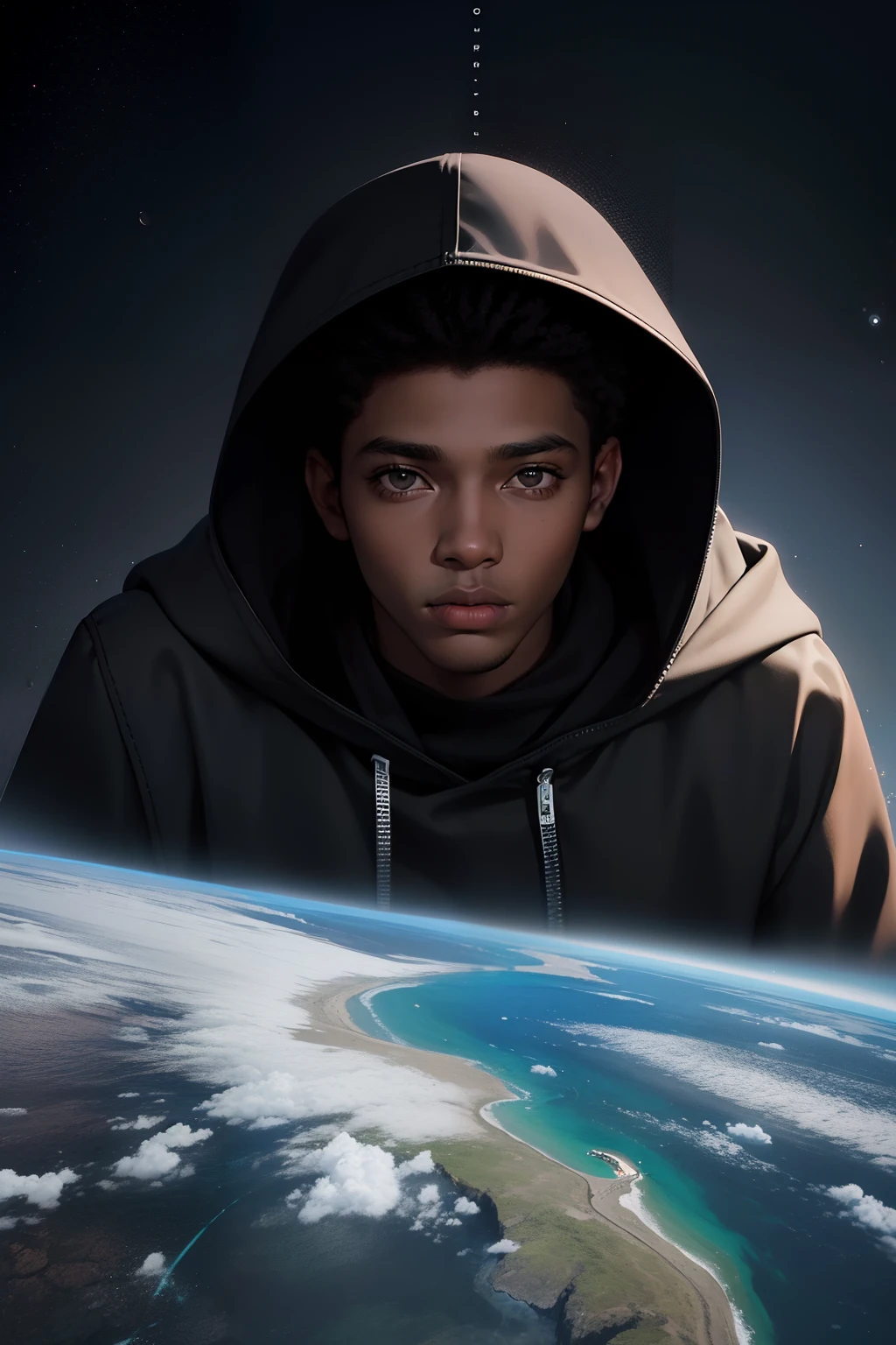 Young black man with hood looking into outer space having in his eyes the reflection of outer space,foco do reflexo nos olhos,realista,melhor qualidade