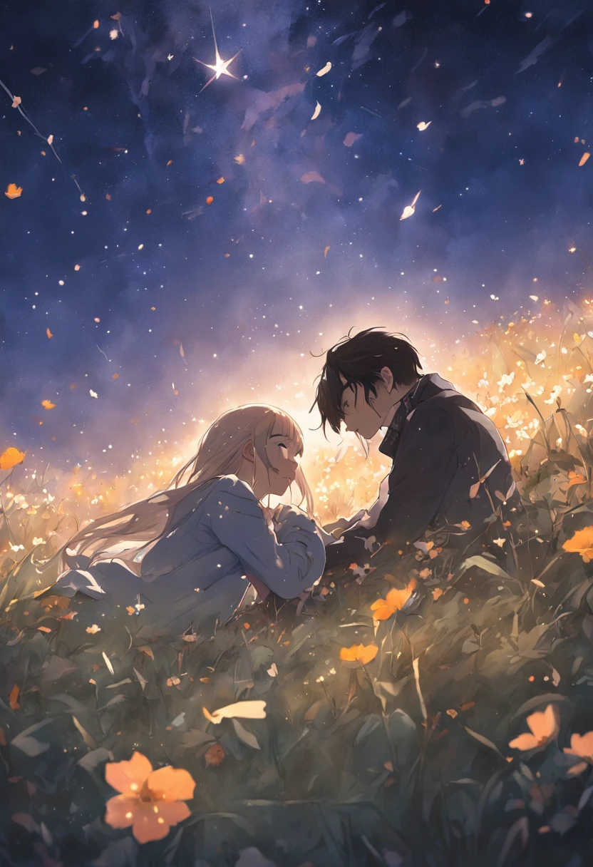She and he lay face down in a field full of highland flowers,、Looking up at the night sky.、Maybe it's because it's cold., Their breath looks pale white.、The light source is a star in the night sky々Light only、She suddenly turns to him and blushes、A shooting star visible from the position of the head flowed into the night sky.、The area is pitch dark、In the darkness、masutepiece、realisitic、Passionate kiss、Highly detailed background，Realistic，ultra-detailliert，super detailed skin，light glow，Film grain，Expro II，Lens Flare，Sharpen，cinematic shadow