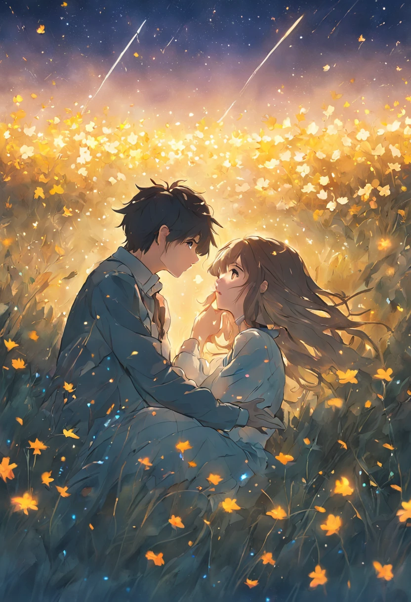 She and he lay face down in a field full of highland flowers,、Looking up at the night sky.、Maybe it's because it's cold., Their breath looks pale white.、The light source is a star in the night sky々Light only、She suddenly turns to him and blushes、A shooting star visible from the position of the head flowed into the night sky.、The area is pitch dark、In the darkness、masutepiece、realisitic、Passionate kiss、Highly detailed background,Realistic,ultra-detailliert,super detailed skin,light glow,Film grain,Expro II,Lens Flare,Sharpen,cinematic shadow