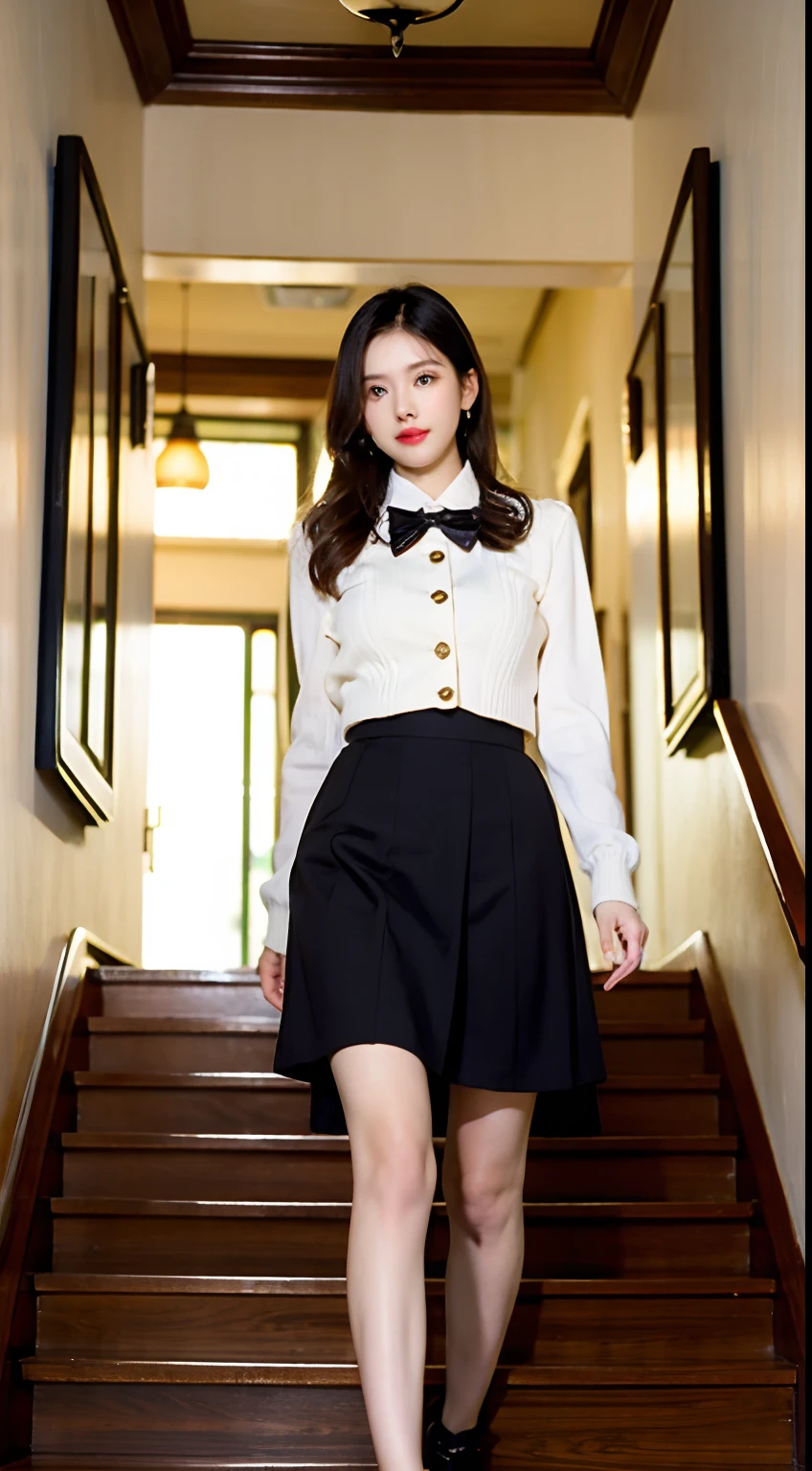 Walk down the stairs、super high image quality、8K、femele、skirt by the、Knitted coat、vests、Colossal tits