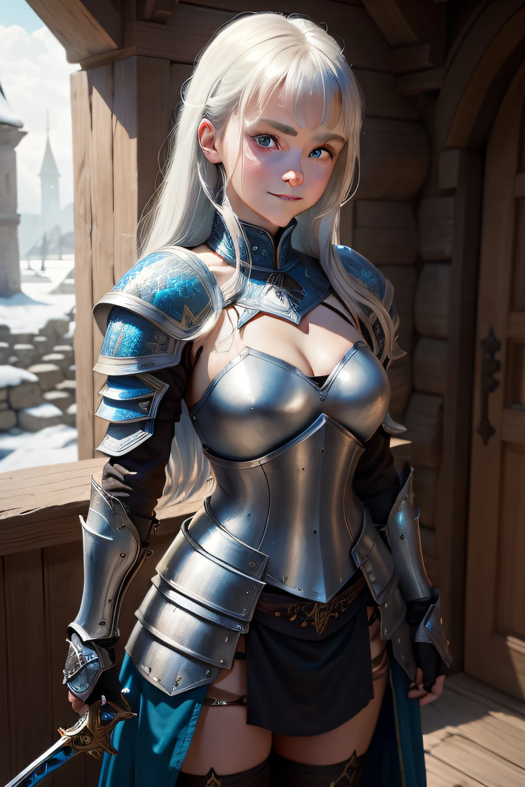 Caucasian girl wearing heavy armor, medieval sword in hand, deep blue cold ayes, shrewd smile on face