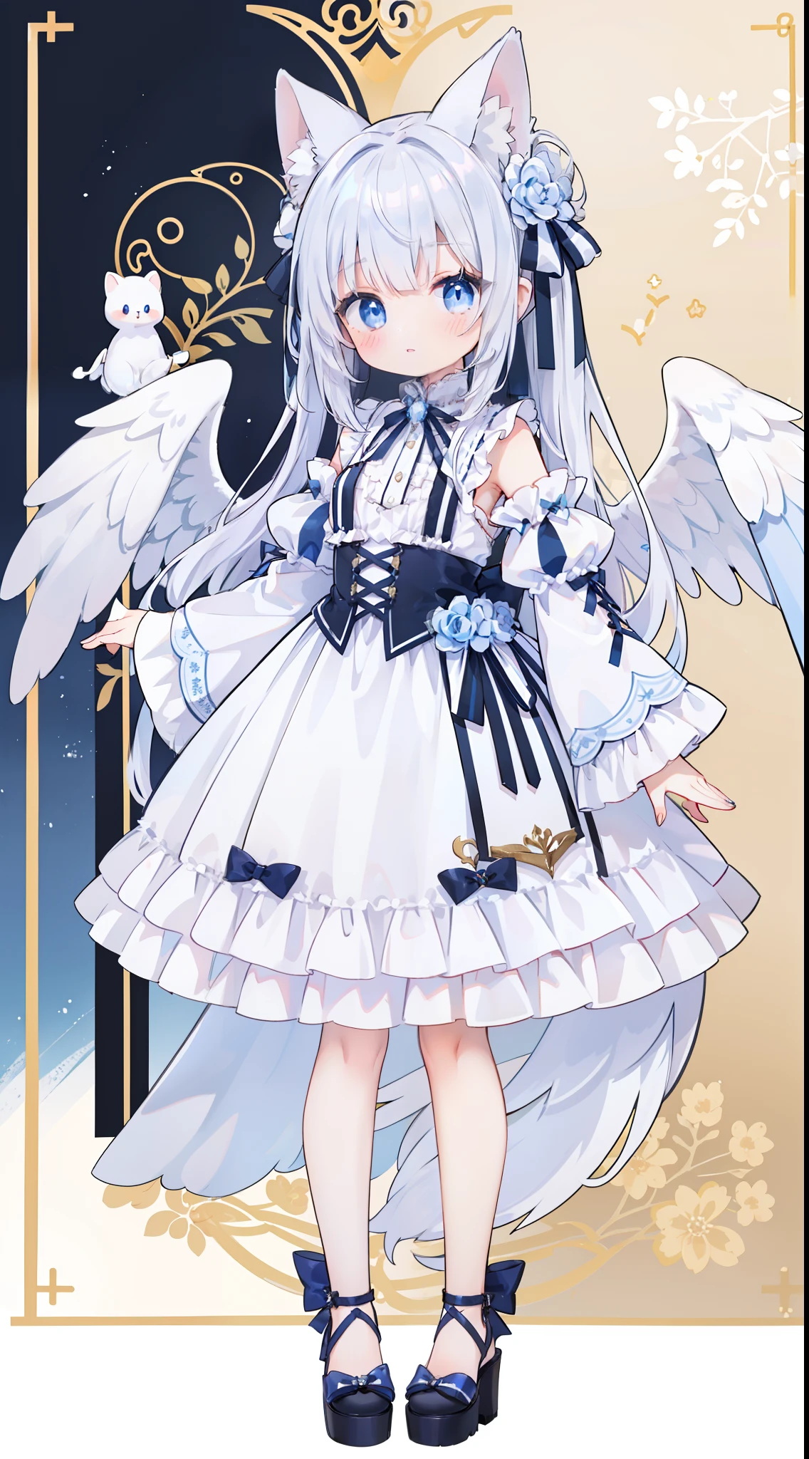 1 girl in、((full bodyesbian、Standing picture))、top-quality、hightquality、Masterpiece、hight resolution、white hair、Longhaire、Blue eyes、Angel wings、kawaii、Fluffy white dress、Connected sleeves、Lori