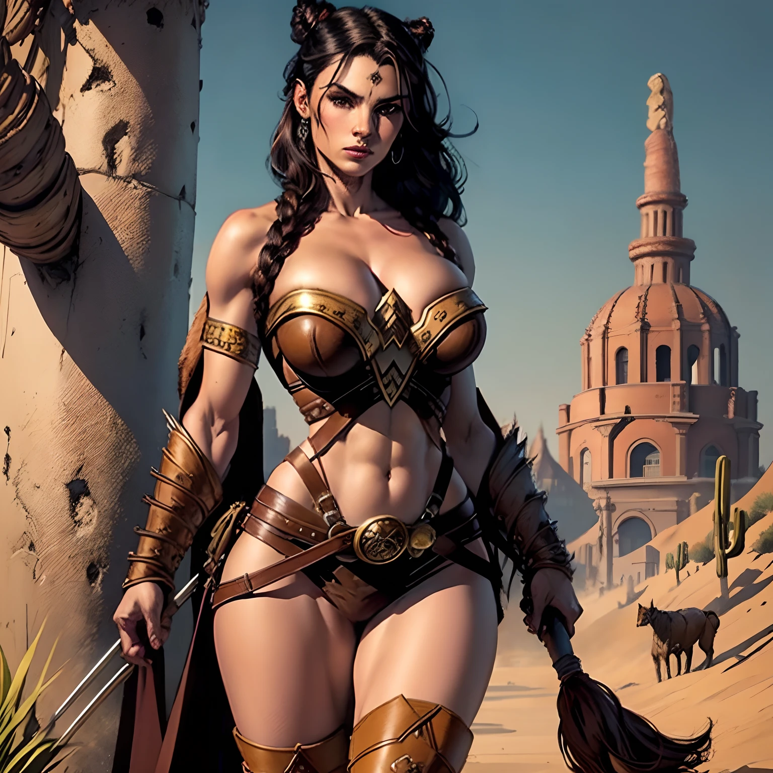 (masterpiece, top quality, best quality, official art, beautiful and aesthetic:1.2), (1girl:1.3), dark brown hair pulled back, topknot, braids, extremely detailed, portrait, looking at viewer, solo, (full body:0.6), detailed background, close up, facepaint, tribal tattoos, (warm summer desert theme:1.1), busty human barbarian queen, elegant face, long face, charlatan, smirk, mysterious, walking in savannah, revealing tribal attire, bare midriff, brown leather, fur lined clothes, long boots, buckles, straps, pouches, axes, tan fabric, brown leather, gigantic breasts, skindentation, cleavage, muscular, strong, slim waist, slim hips, long legs, muscular legs, medieval (savannah exterior:1.1) background, dark mysterious lighting, shadows, magical atmosphere, dutch angle, (((Balsamique)))