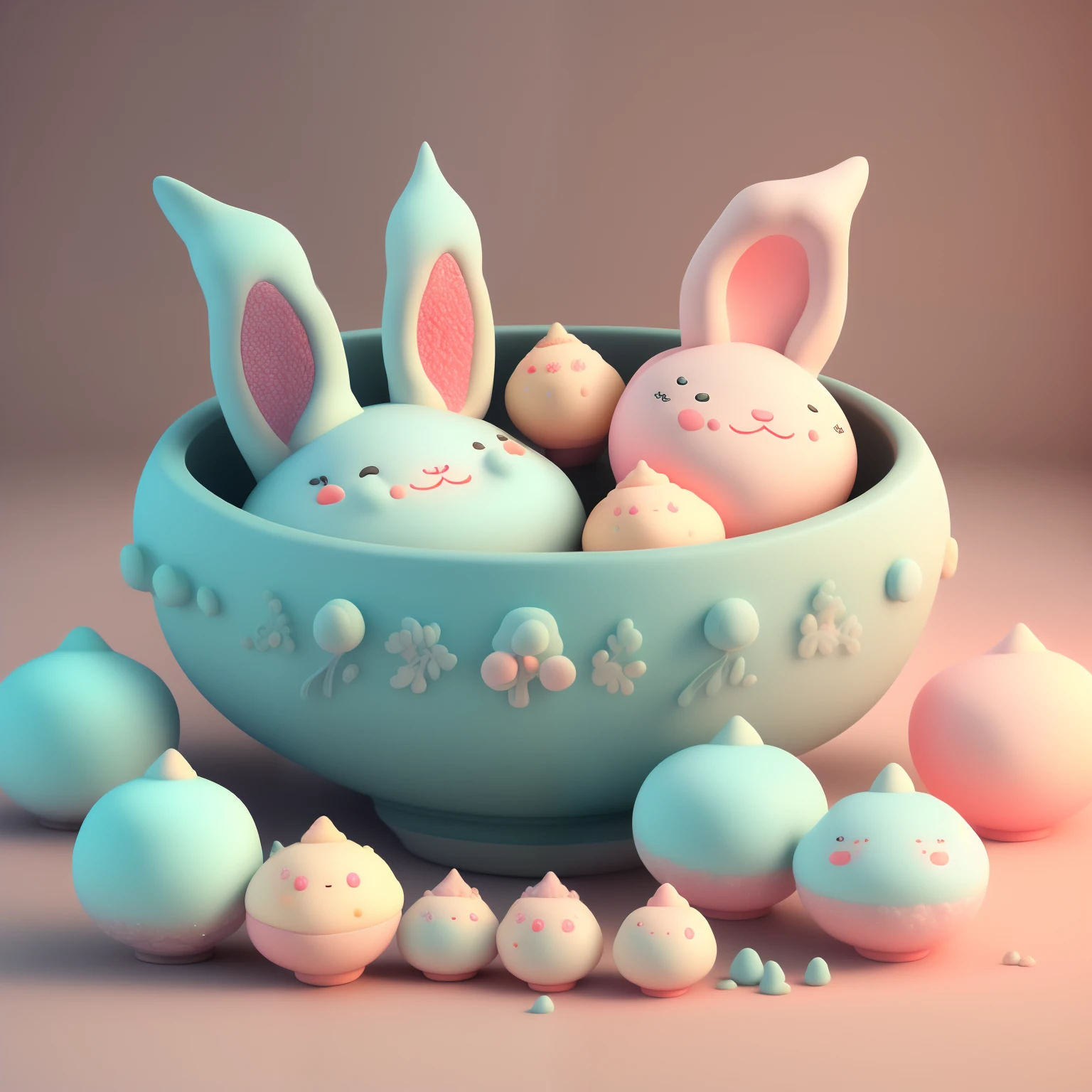 Chibi style,Dozens of tangyuan with rabbit ears,Very cute face,Very real,Chinese folk art style tangyuan,Chinese kitchen background,Steaming hot,It looks delicious.,Ultra high definition image quality,