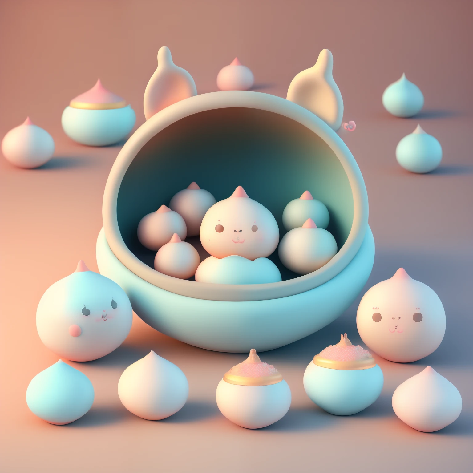 Chibi style,Dozens of tangyuan with rabbit ears,Very cute face,Very real,Chinese folk art style tangyuan,Chinese kitchen background,Steaming hot,It looks delicious.,Ultra high definition image quality,