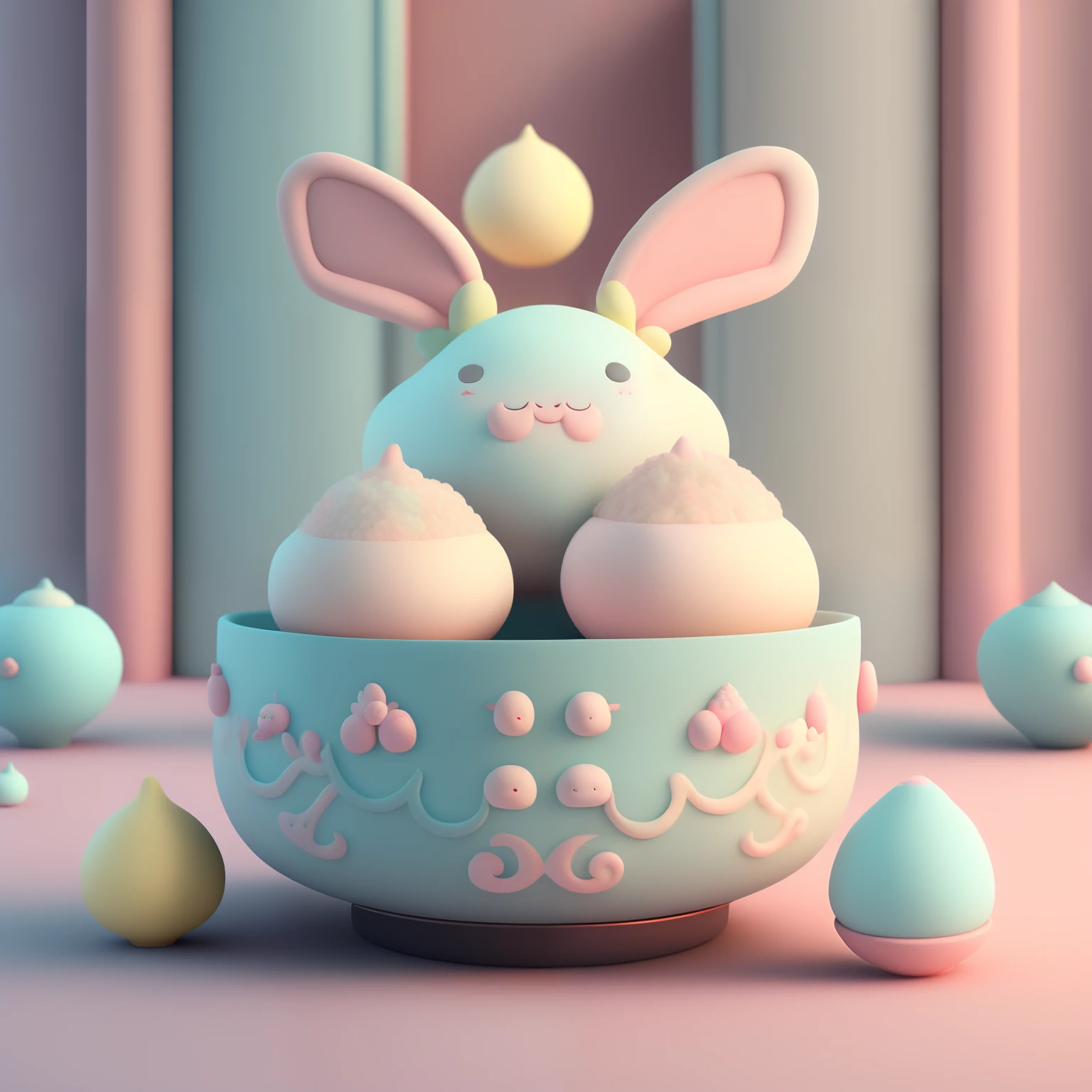 Chibi style,Dozens of tangyuan with rabbit ears,Very cute face,Very real,Chinese folk art style tangyuan,Chinese kitchen background,Steaming hot,It looks delicious.,Ultra high definition image quality,