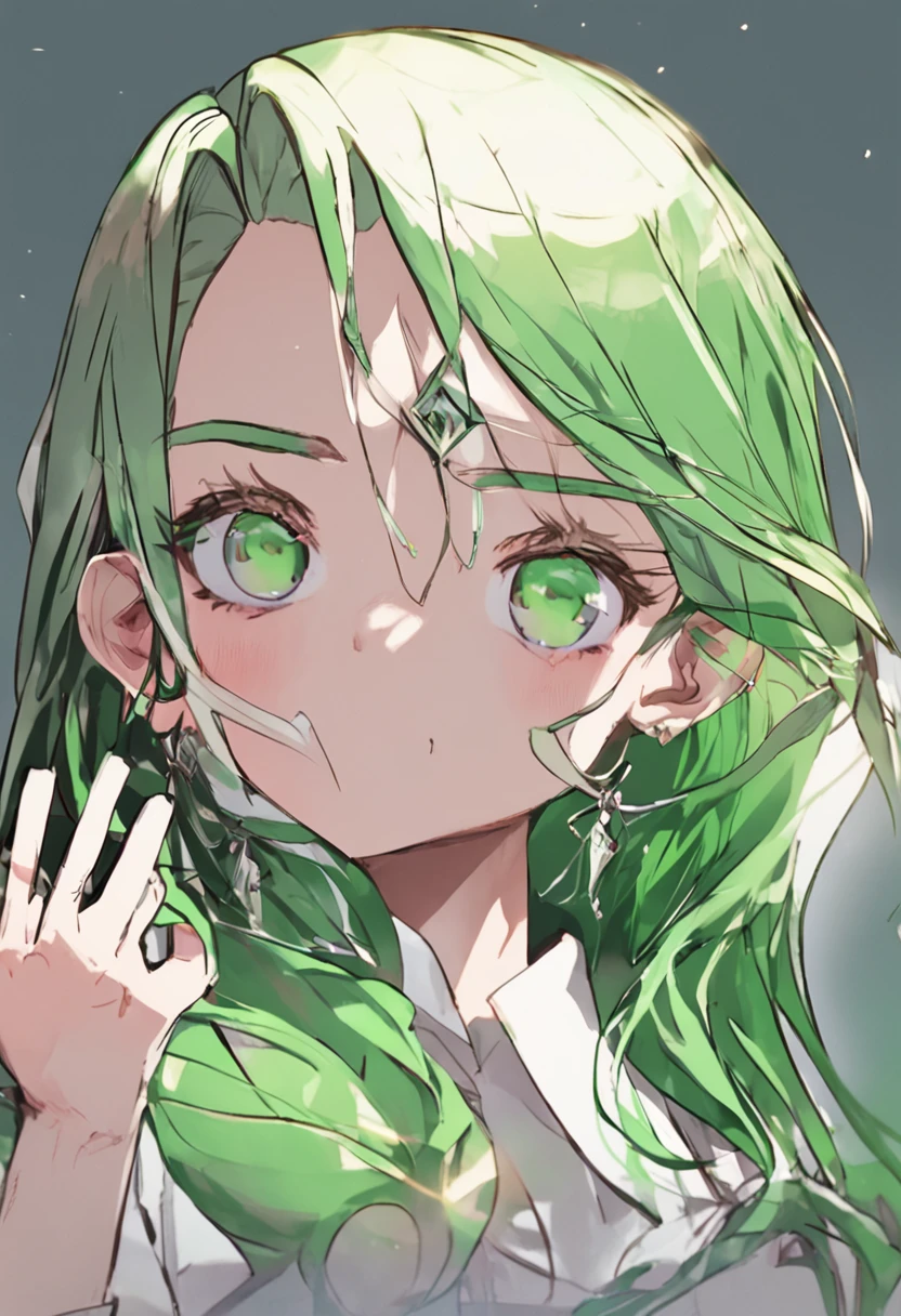 solid circle eyes, ear blush, mole under mouth, hair strand, shiny hair, streaked hair, green hair, empty eyes, hollow eyes, slit pupils, wide-eyed, earrings, glint, fang out, facing another, gradient hair, hair one side up, hair over one eye, low-braided long hair, male people, Beautiful man with long hair, dark circles, cloaks, The appearance is male, pov, tachi-e, projected inset, afterimage, bokeh, high detail, cinematic lighting, tachi-e, projected inset, afterimage, from outside, bokeh, 8k, best quality, textured skin, super detail, textured skin, super detail