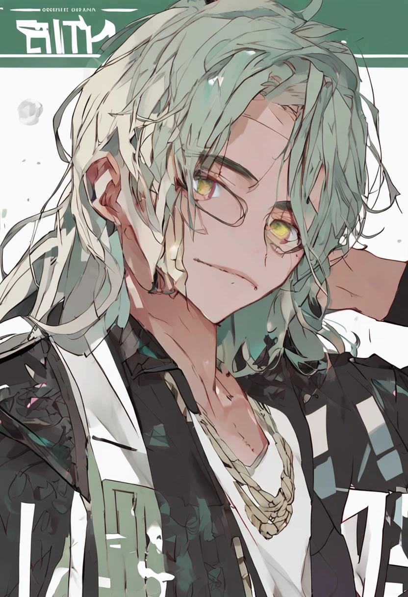 solid circle eyes, ear blush, mole under mouth, hair strand, shiny hair, streaked hair, green hair, empty eyes, hollow eyes, slit pupils, wide-eyed, earrings, glint, fang out, facing another, gradient hair, hair one side up, hair over one eye, low-braided long hair, male people, Beautiful man with long hair, dark circles, cloaks, The appearance is male, pov, tachi-e, projected inset, afterimage, bokeh, high detail, cinematic lighting, tachi-e, projected inset, afterimage, from outside, bokeh, 8k, best quality, textured skin, super detail, textured skin, super detail