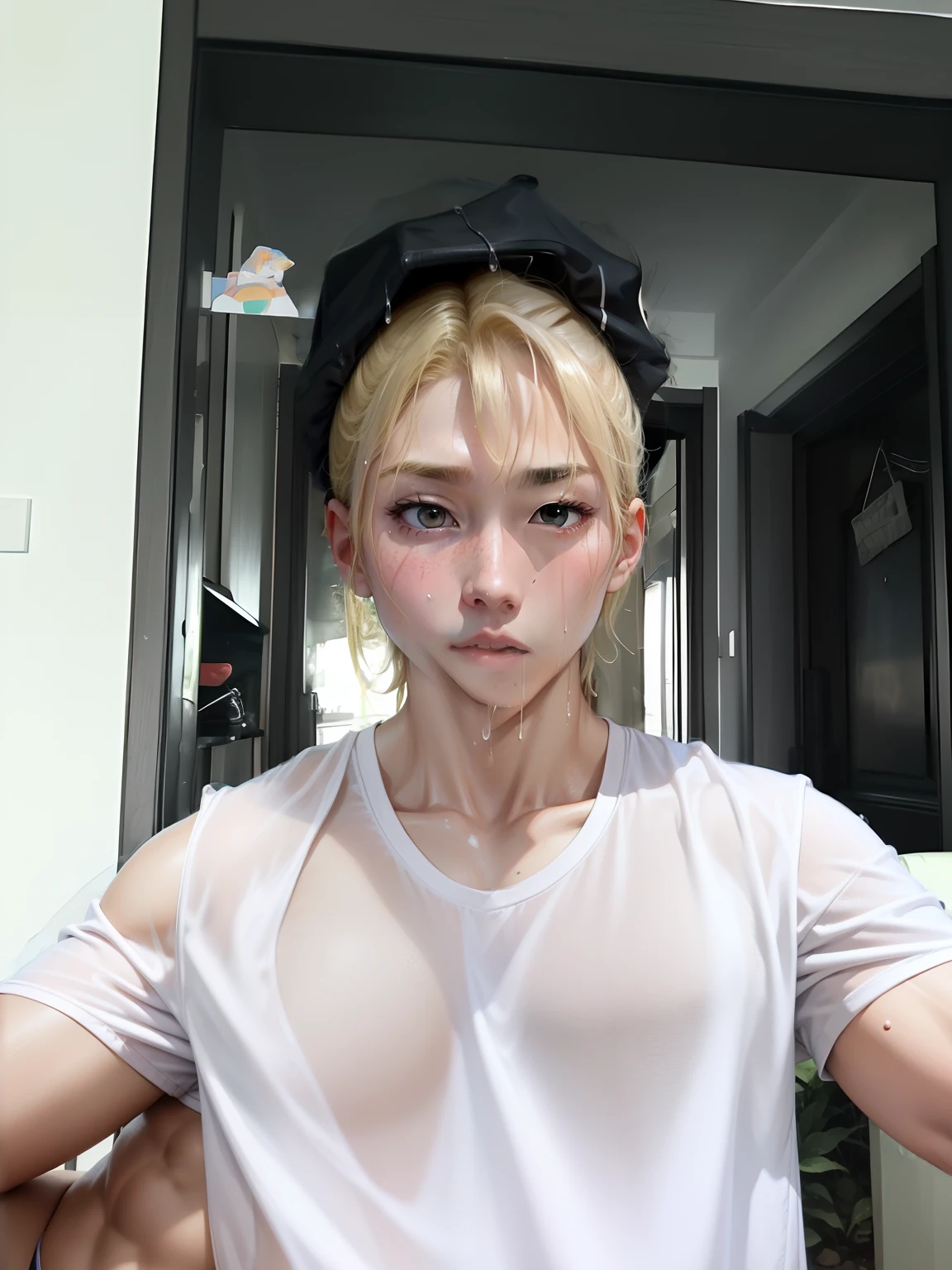The picture face remains unchanged、On summer nights((very heavy rain))under below。((Wet hair))。blond hairbl。Suitable for the body。large muscle。Wear very tight shorts and shirtless。((Stand in the midst of a jungle of dense giant trees))。(the sideview)