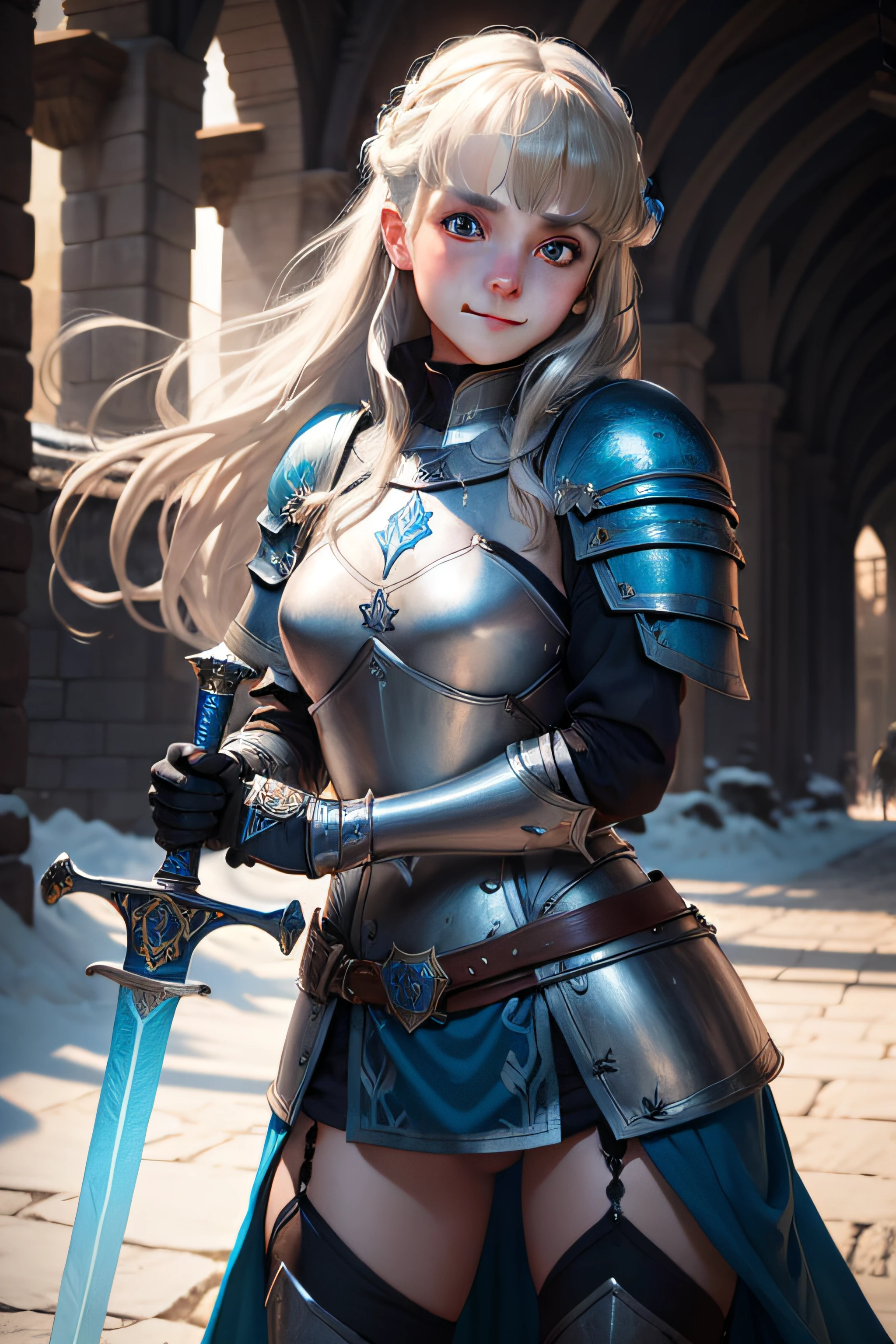 Caucasian girl wearing heavy armor, medieval sword in hand, deep blue cold ayes, shrewd smile on face