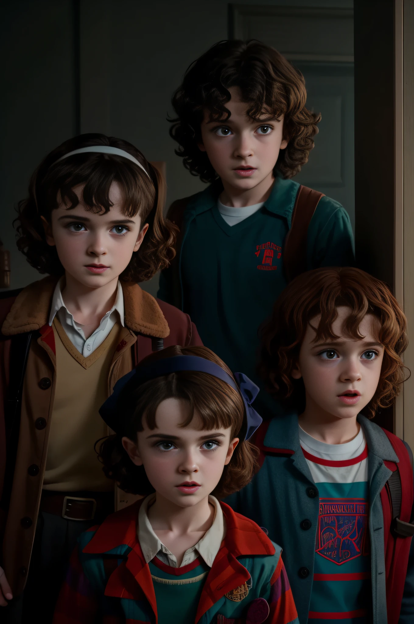 the characters of hary potter: Ron, Hermion and Harry as in the universe of "stranger things" in the 80's and in "stranger things" style