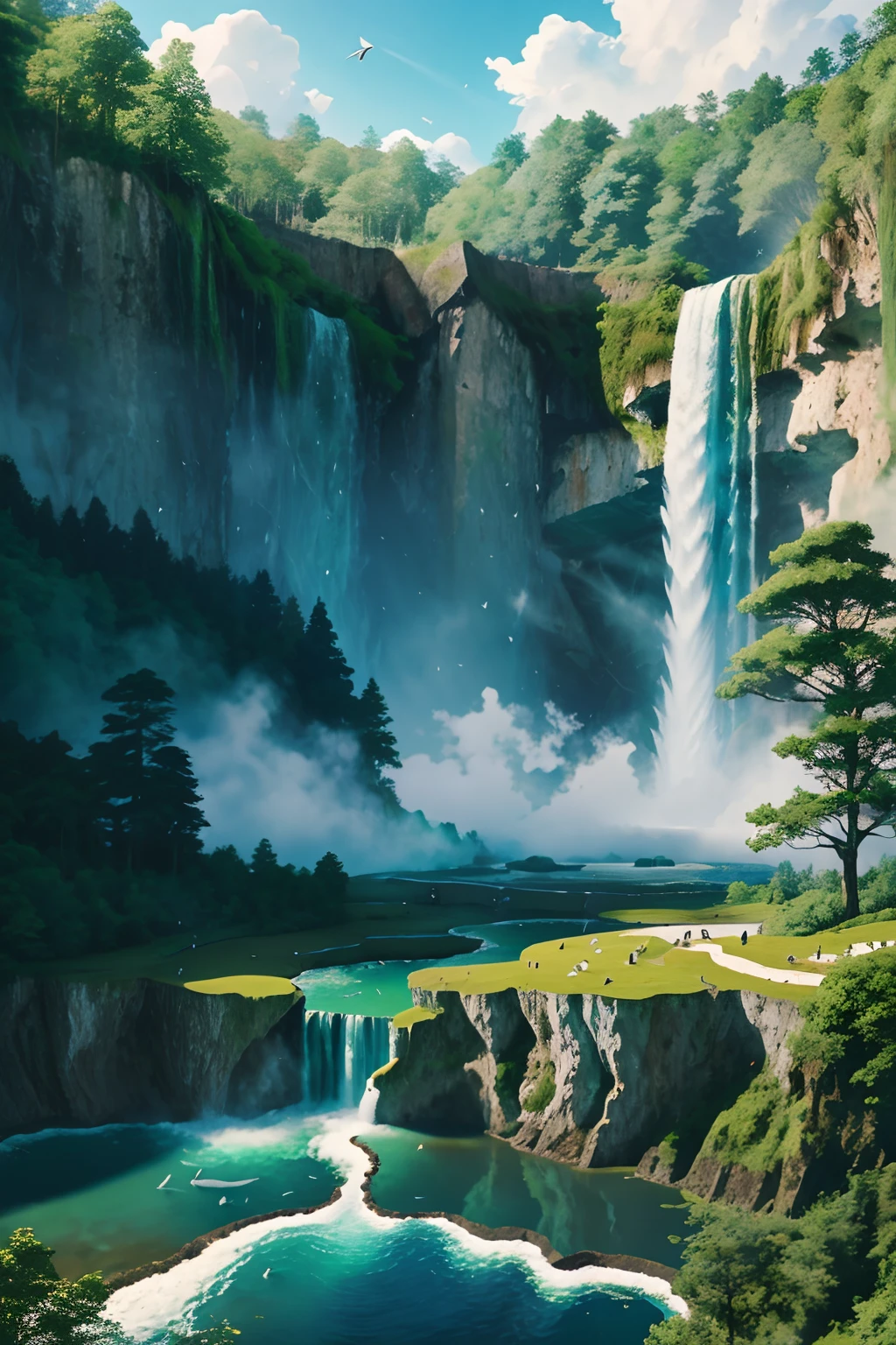 Fly over cliffs, Above a very high waterfall, Overlooking the rolling pond, high sunlight, Blue sky, White cloud, Birds, forest, green trees, 8K, Masterpiece, Best quality, high resolution, very full detail