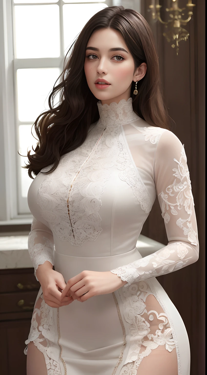 (Masterpiece:1.2, Best quality), Realistic, (Real picture, Intricate details, Depth of field), parted lip, High neck lace skirt,highly detailed, Perfect face, Perfect body, Large models,
Mature woman, Tall, Long legs,
Natural background bokeh