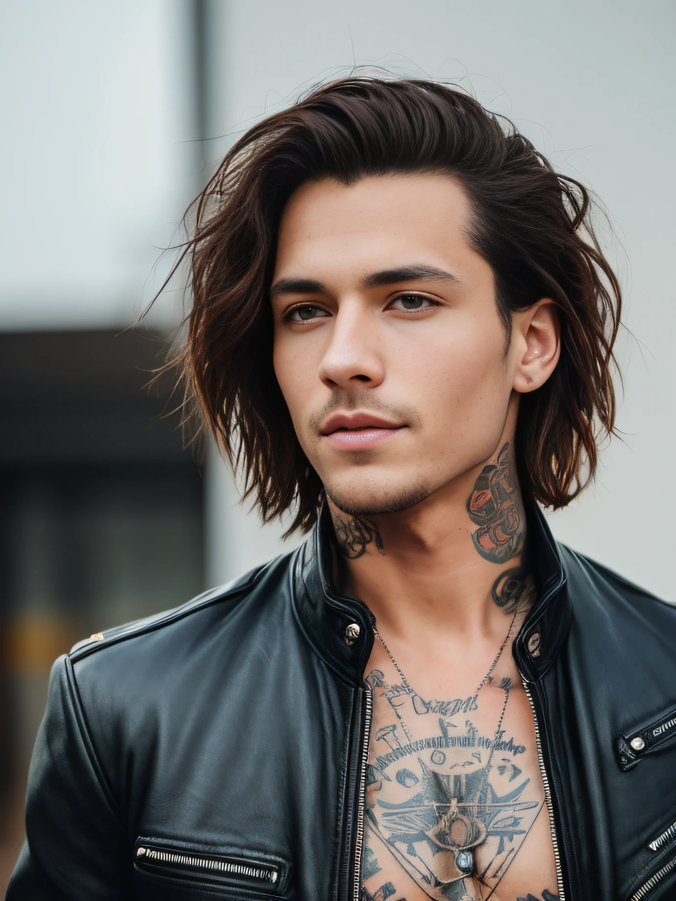 (D850 35mm), Portrait photo of a caucasian man with (short hair:1.1), wearing a leather jacket, tattoos, detailed, RAW photo, 8k uhd, dslr, high quality, film stock photograph 4 kodak portra 400 camera f1.6 lens rich colors hyper realistic lifelike texture dramatic lighting cinestill 800, (sharp focus:1.1)