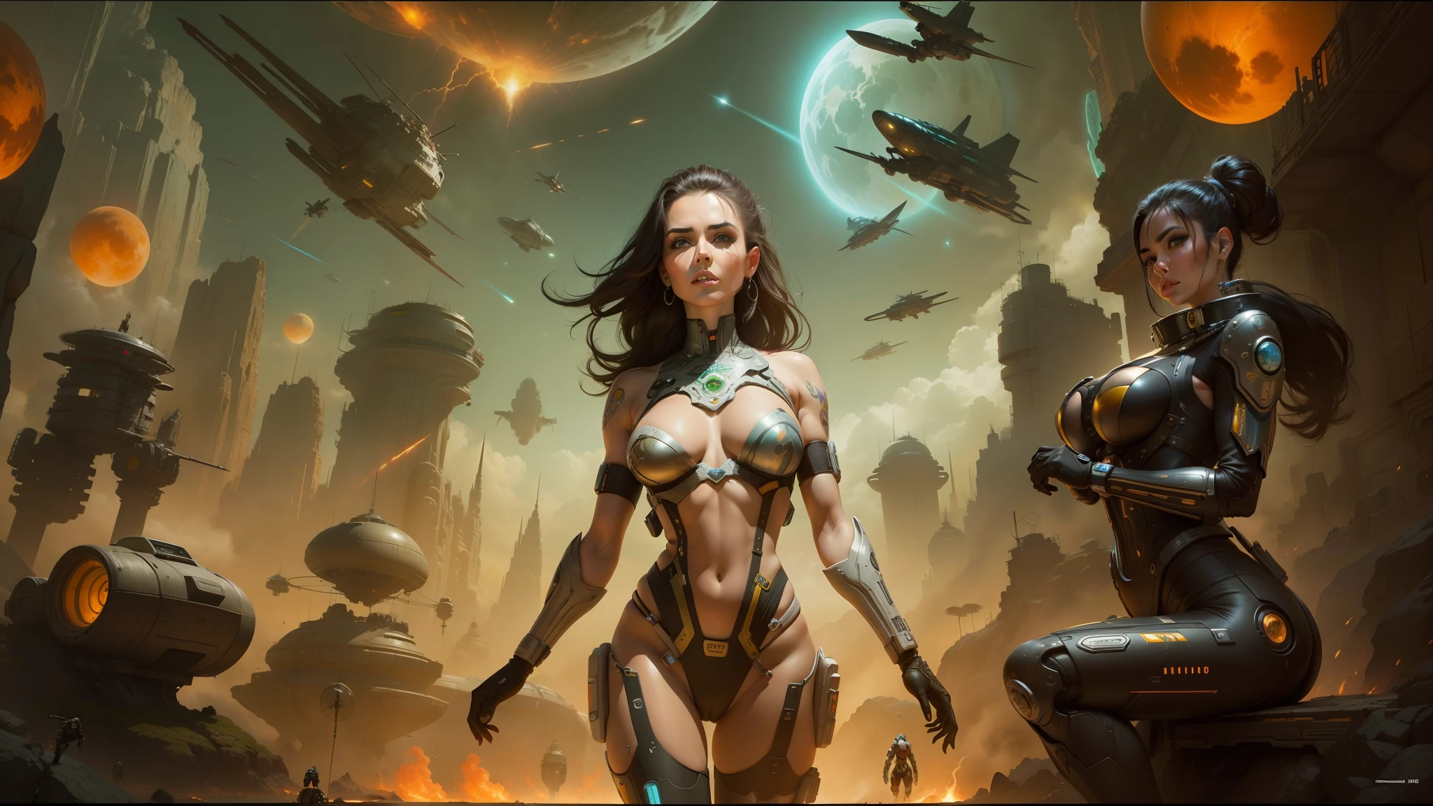 Hay una mujer parada en un espacio futurista con mucha gente, Inspirado por Ken Kelly, wearing epic bionic implants, Android Jones y Chris Dyer, Perfect human female specimen, desnuda, Sereno trasfondo post-nuclear, cubiertos SFW enormes pechos, Panoramic anamorphic, por Raymond Swanland