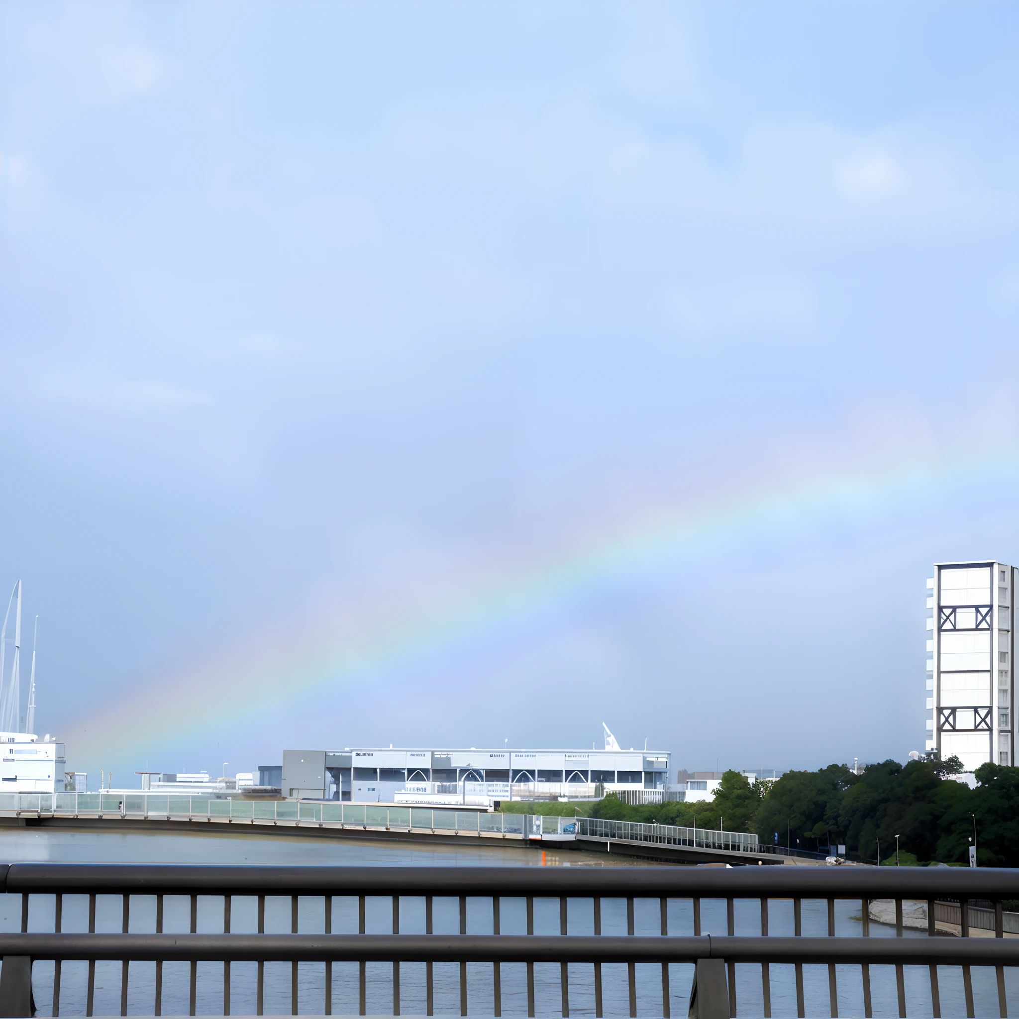 There is a rainbow in the sky beyond the river and the bridge, The ultra -The high-definition、masterpiece、A rainbow of colors clearly visible、rainbow、Shot with Nikon D 3, rainbow reflections、blue-sky、Cloudless、Rear view of dark-haired woman on bridge