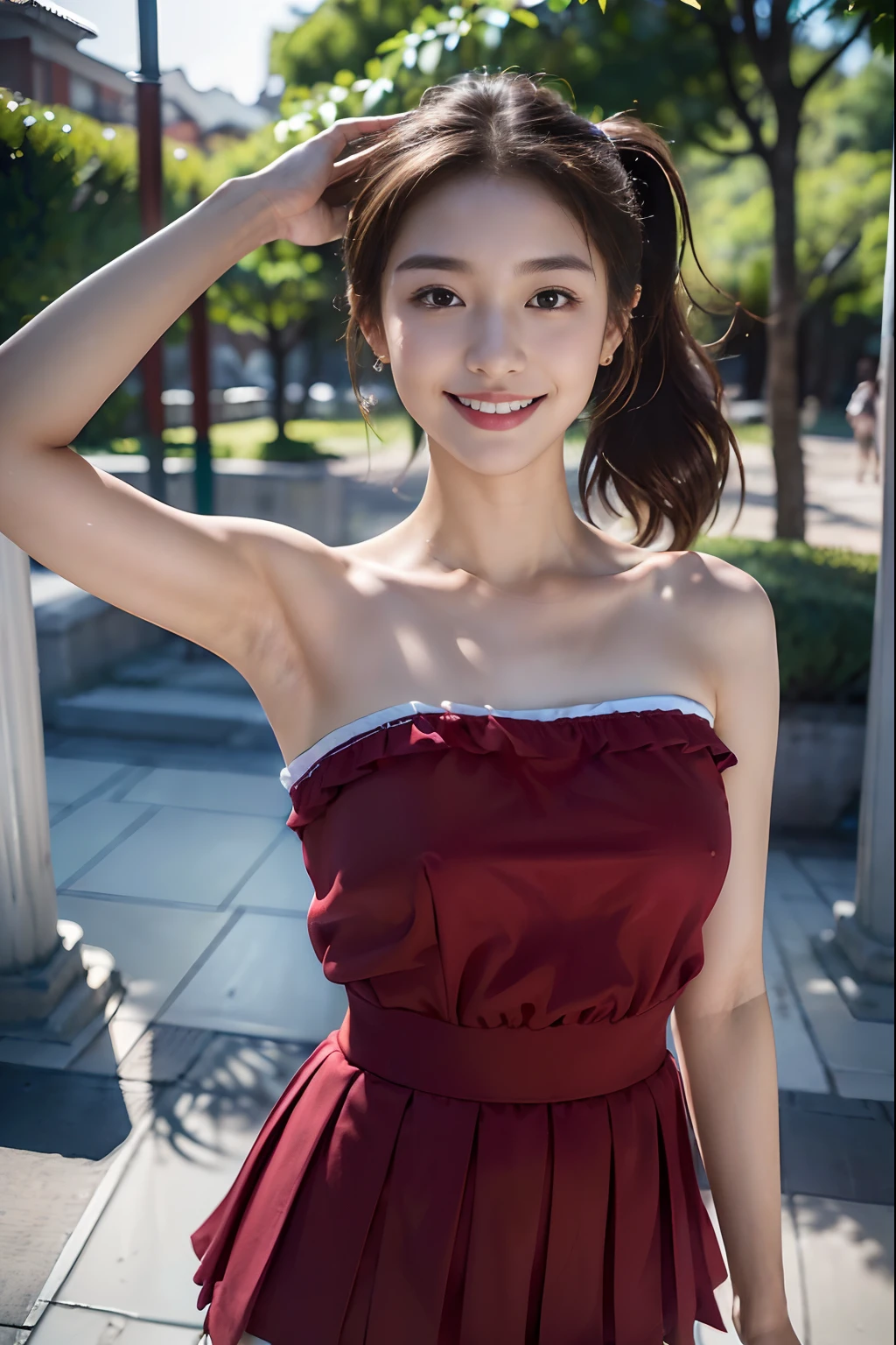 ((Raise your hands to show your armpits、Detailed armpit wrinkles、Armpit、Wrinkles under the armpits:1.4、Shiny underarms、Under the slimy armpits、Tecateca under the armpits:1.4、full body closeup、A smile、red lipsticks、playground、Strapless sailor suit、hi-school girl、sixteen years old))、(masterpiece:1.3), (8K, Photorealsitic, Raw photography, Top image quality: 1.4), a japanese girl、Standard body shape:1.3、high-ponytail Hairstyle、Super Detail Face、Eye of Detail、二重まぶた、Super detail armpits、foco nítido:1.2、prety woman:1.4、light brown hair、top-quality、masterpiece、超A high resolution、(Photorealsitic:1.4)、Highly detailed and professional lighting smile、Background of the playground、on the park、Schoolgirl in a strapless sailor suit、Red Racing Shorts、