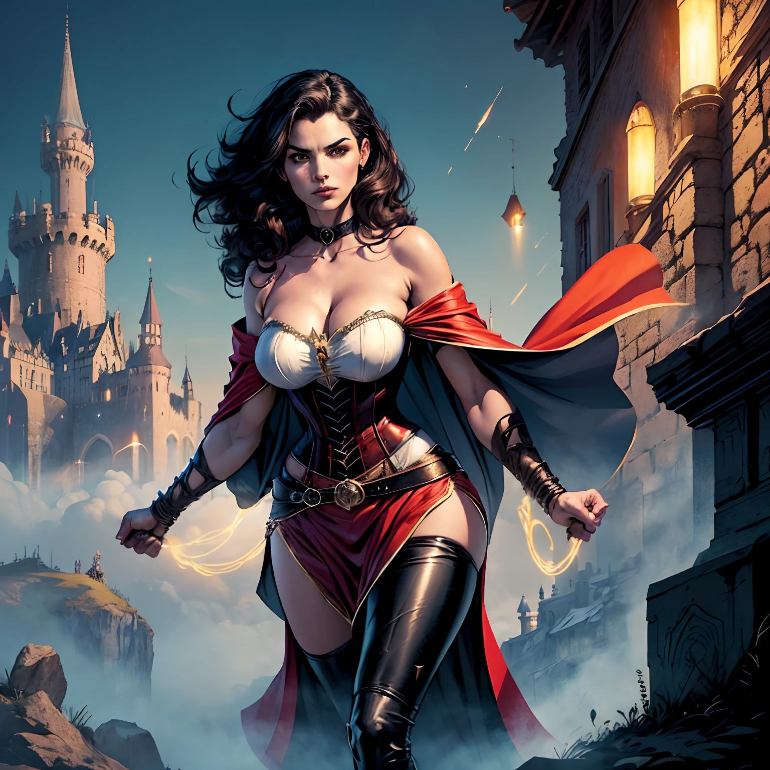 (masterpiece, top quality, best quality, official art, beautiful and aesthetic:1.2), (1girl:1.3), long and curly dark brown hair, extremely detailed, portrait, looking at viewer, solo, (full body:0.6), detailed background, close up, mischievous eyes, (warm summer castle theme:1.1), sorceress, charlatan, smirk, mysterious, walking in courtyard, revealing ((dark red)) sorcerer attire, red knee-length red skirt, off shoulder, straps, long sleeves, loose sleeves, cloak, corset, black leggings, black trousers, black pants, long brown boots, buckles, straps, pouches, glowing magical energy, casting a spell, red fabric, white trim, gigantic breasts, cleavage, skindentation, slim waist, slim hips, long legs, medieval (castle exterior:1.1) background, dark mysterious lighting, shadows, magical atmosphere, dutch angle, (((Balsamique)))