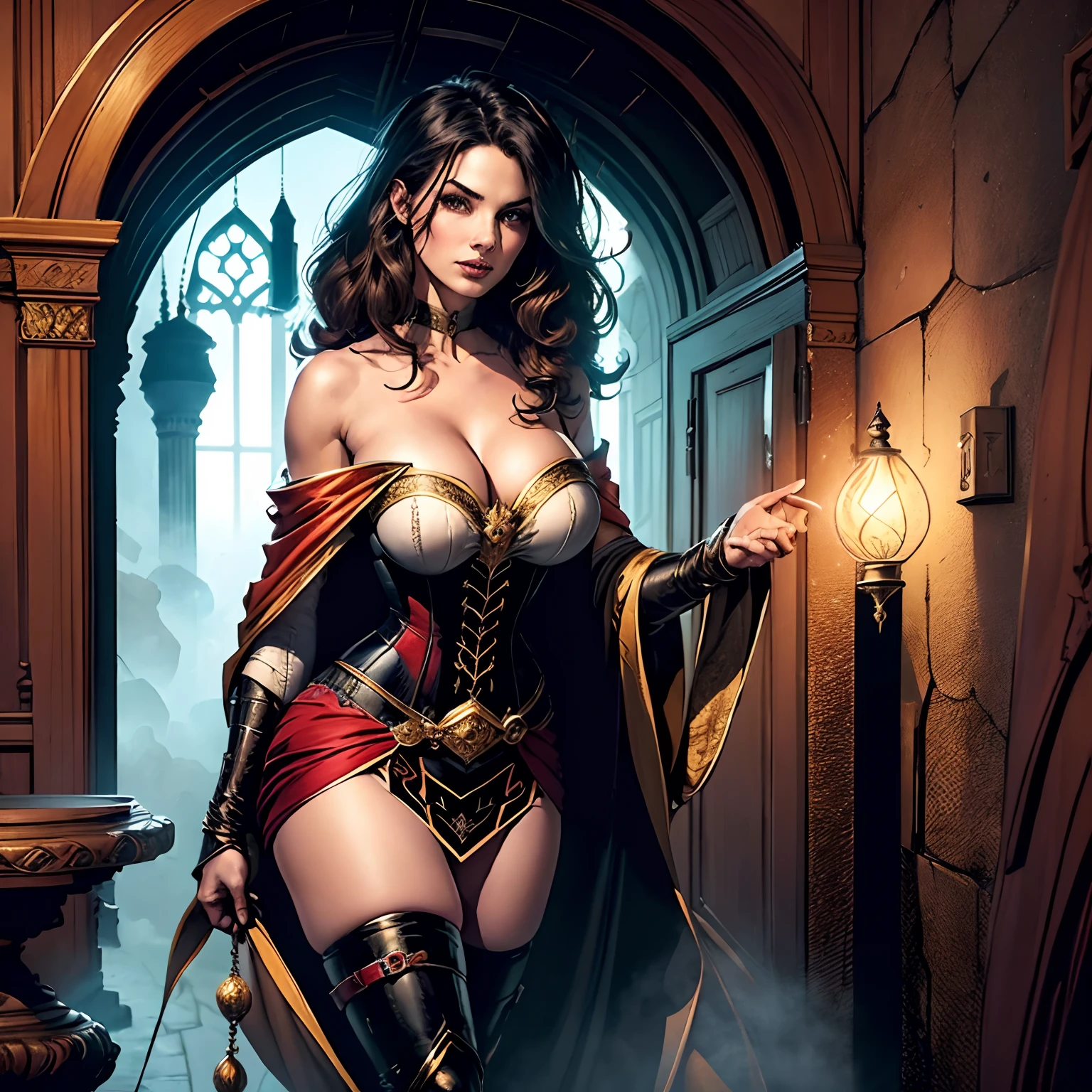 (masterpiece, top quality, best quality, official art, beautiful and aesthetic:1.2), (1girl:1.3), long and curly dark brown hair, extremely detailed, portrait, looking at viewer, solo, (full body:0.6), detailed background, close up, mischievous eyes, (warm summer castle theme:1.1), sorceress, charlatan, smirk, mysterious, walking in courtyard, revealing ((dark red)) sorcerer attire, red knee-length red skirt, off shoulder, straps, long sleeves, loose sleeves, cloak, corset, black leggings, black trousers, black pants, long brown boots, buckles, straps, pouches, glowing magical energy, casting a spell, red fabric, white trim, gigantic breasts, cleavage, skindentation, slim waist, slim hips, long legs, medieval (castle exterior:1.1) background, dark mysterious lighting, shadows, magical atmosphere, dutch angle, (((Balsamique)))