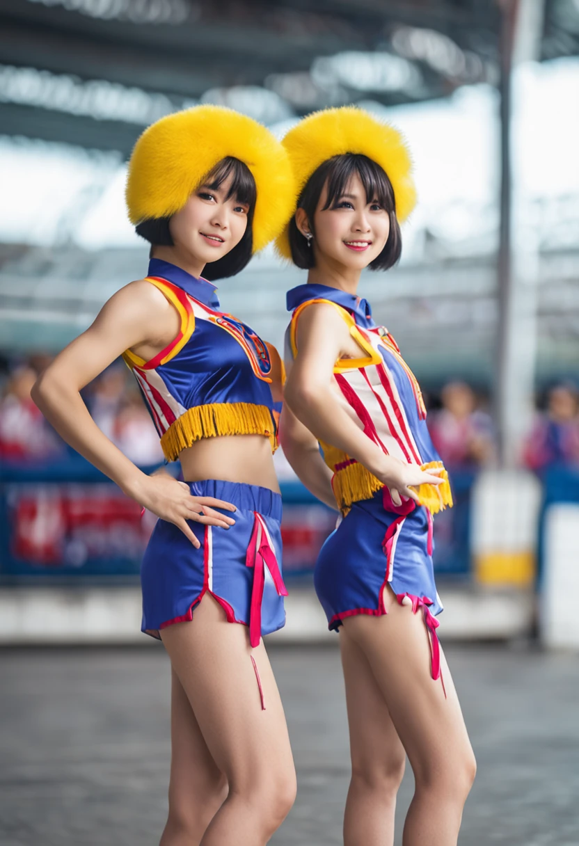 Two Ala-Fed Asian cheerleaders posing dynamically with pom-poms in stadium、write、a closeup、cosplay foto、Anime Cosplay、Short-cut hair、cute little、Raw photography, top-quality, hight resolution, (​masterpiece), (Photorealsitic:1.4), professional photograpy, foco nítido, nffsw, 8K分辨率, intricate detailes,  depth of fields, the Extremely Detailed CG Unity 8K Wallpapers, femele, girl with, beautiful supermodel, A smile、A slender、Small Cheer Uniform、amarelo、Colossal tits:1.2