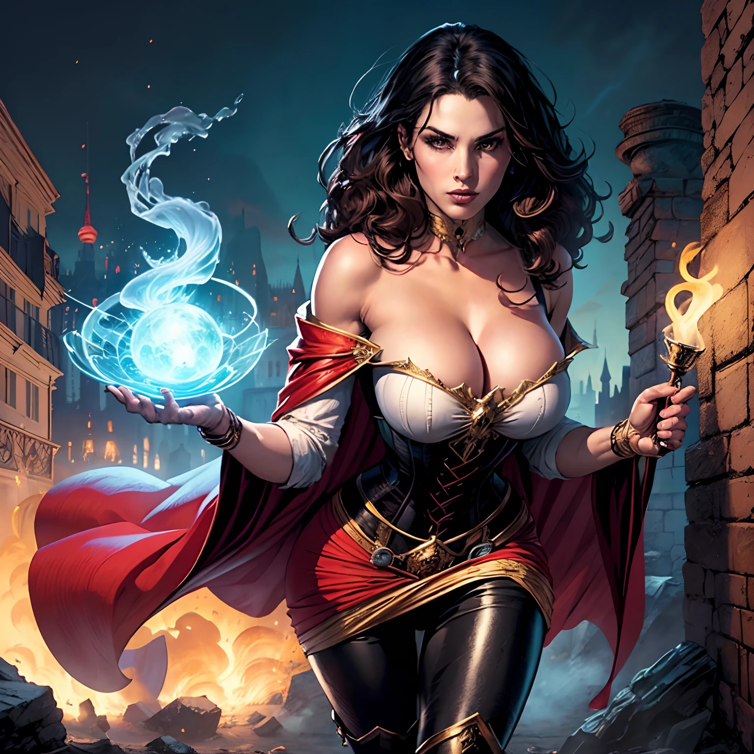 (masterpiece, top quality, best quality, official art, beautiful and aesthetic:1.2), (1girl:1.3), long and curly dark brown hair, extremely detailed, portrait, looking at viewer, solo, (full body:0.6), detailed background, close up, mischievous eyes, (warm summer castle theme:1.1), sorceress, charlatan, smirk, mysterious, walking in courtyard, revealing ((dark red)) sorcerer attire, red knee-length red skirt, off shoulder, straps, long sleeves, loose sleeves, cloak, corset, black leggings, black trousers, black pants, long brown boots, buckles, straps, pouches, glowing magical energy, casting a spell, red fabric, white trim, gigantic breasts, cleavage, skindentation, slim waist, slim hips, long legs, medieval (castle exterior:1.1) background, dark mysterious lighting, shadows, magical atmosphere, dutch angle, (((Balsamique)))