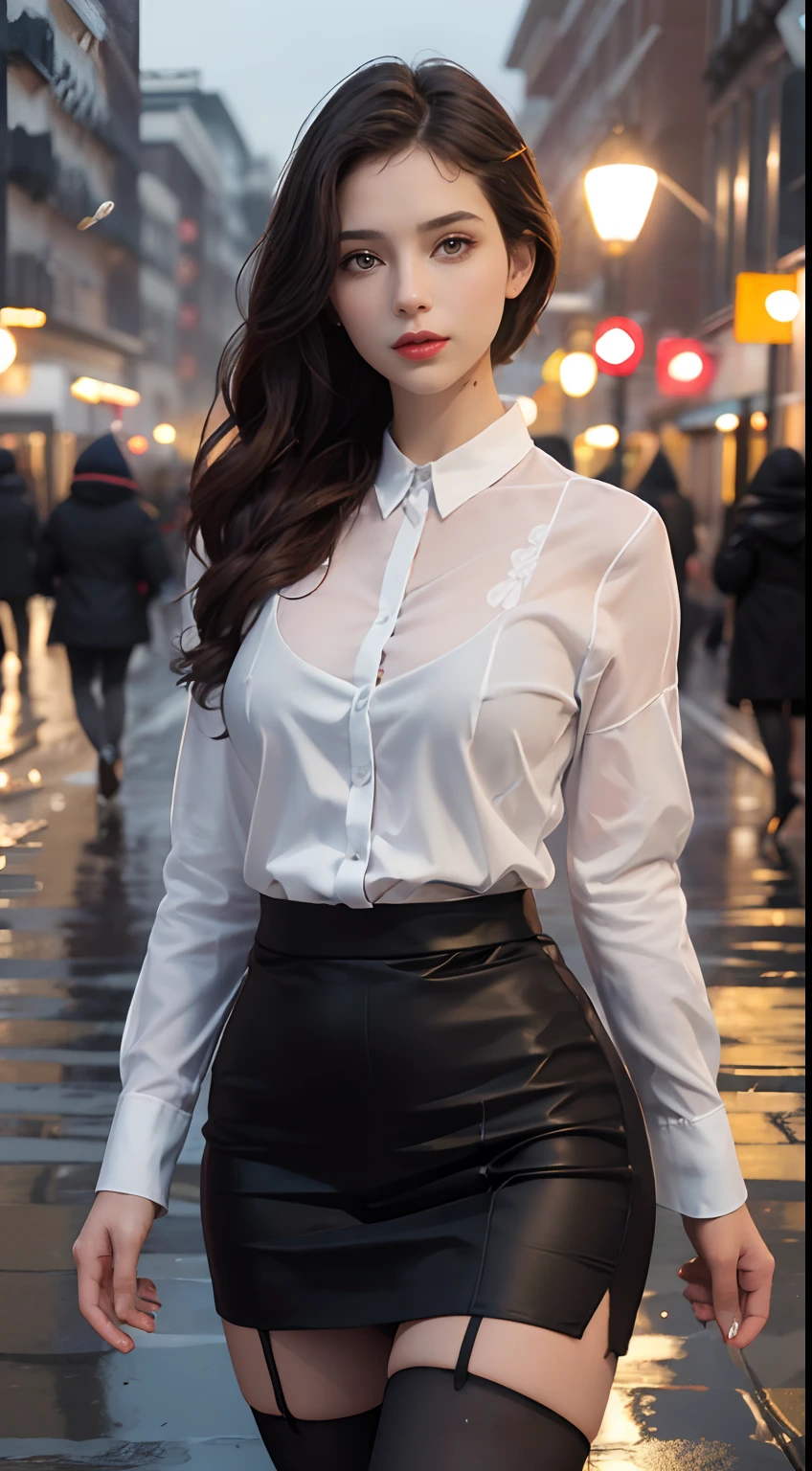((Realistic lighting, Best Quality, 8K, Masterpiece: 1.3)), Focus: 1.2, 1girl, Perfect Beauty: 1.4, Slim Abs: 1.1, (Big Breasts), (White Shirt: 1.4), (Outdoor, Night: 1.1), City Street, Super Fine Face, Fine Eyes, Double Eyelids, (Over the Knee Black Stockings: 1.5), (Wet in the Rain, Wet: 1.2)