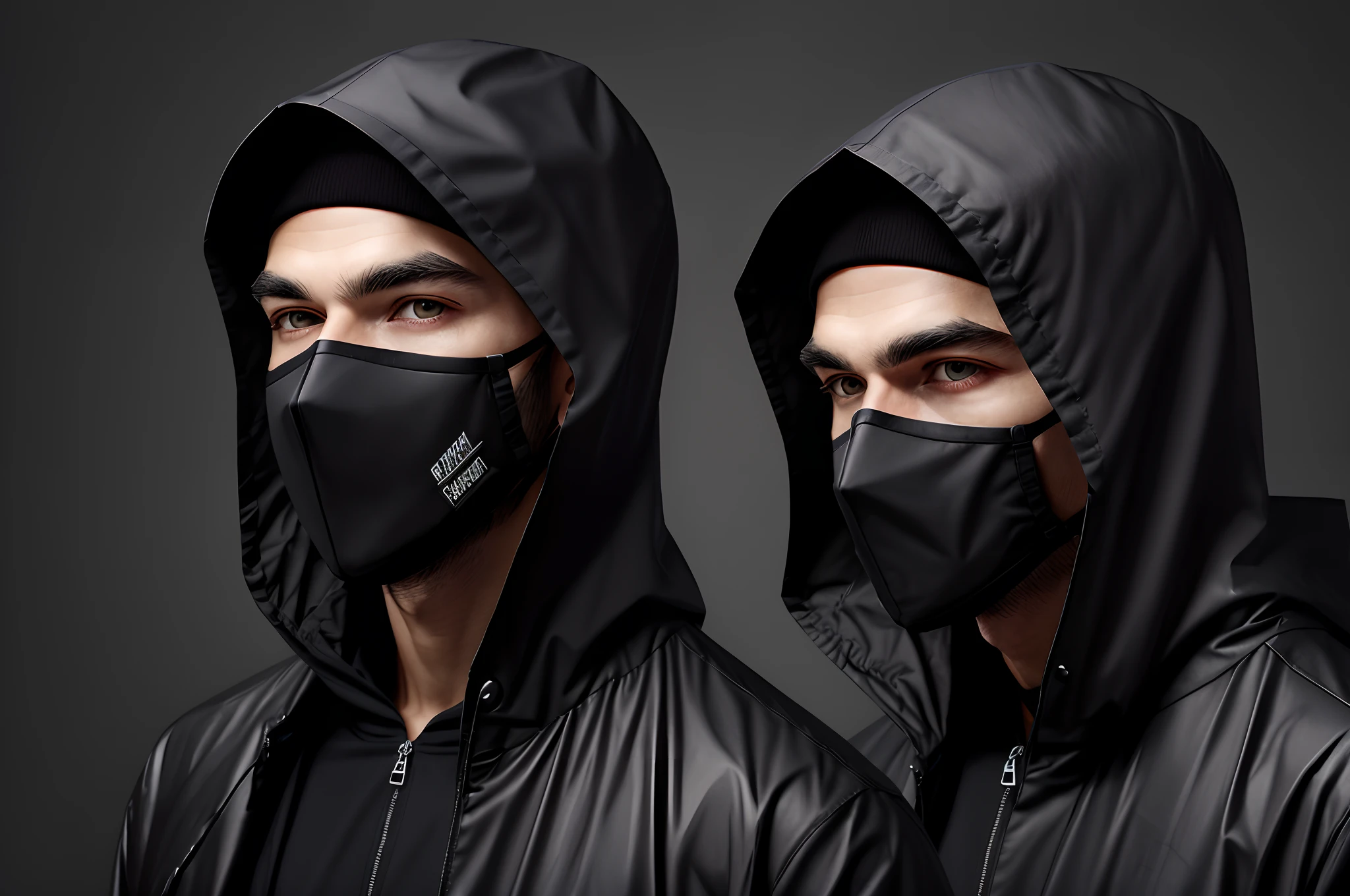 Black mask，Black cap，Black raincoat