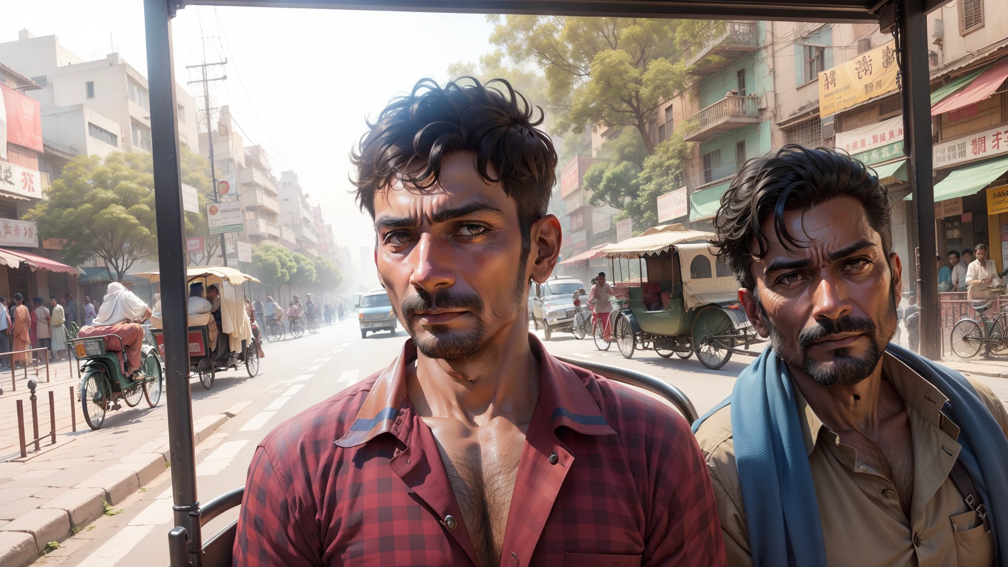 A man sitting in rickshaw, cars in background,