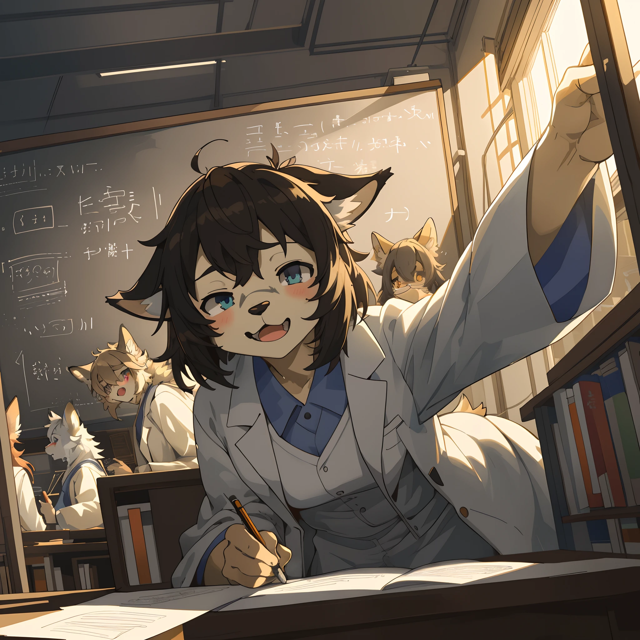 top quality, best quality, High-quality illustrations, masterpiece, super high resolution, detailed background, Handouts((college professor))Dirty lab coat, class, Difficult formulas, white board, 6+boys, 6+girls, absurdres(highly detailed beautiful face and eyes)perfect anatomy, expression, good lighting, cinematic shadow(kemono, furry anthro)assorted poses, dynamic angle,
