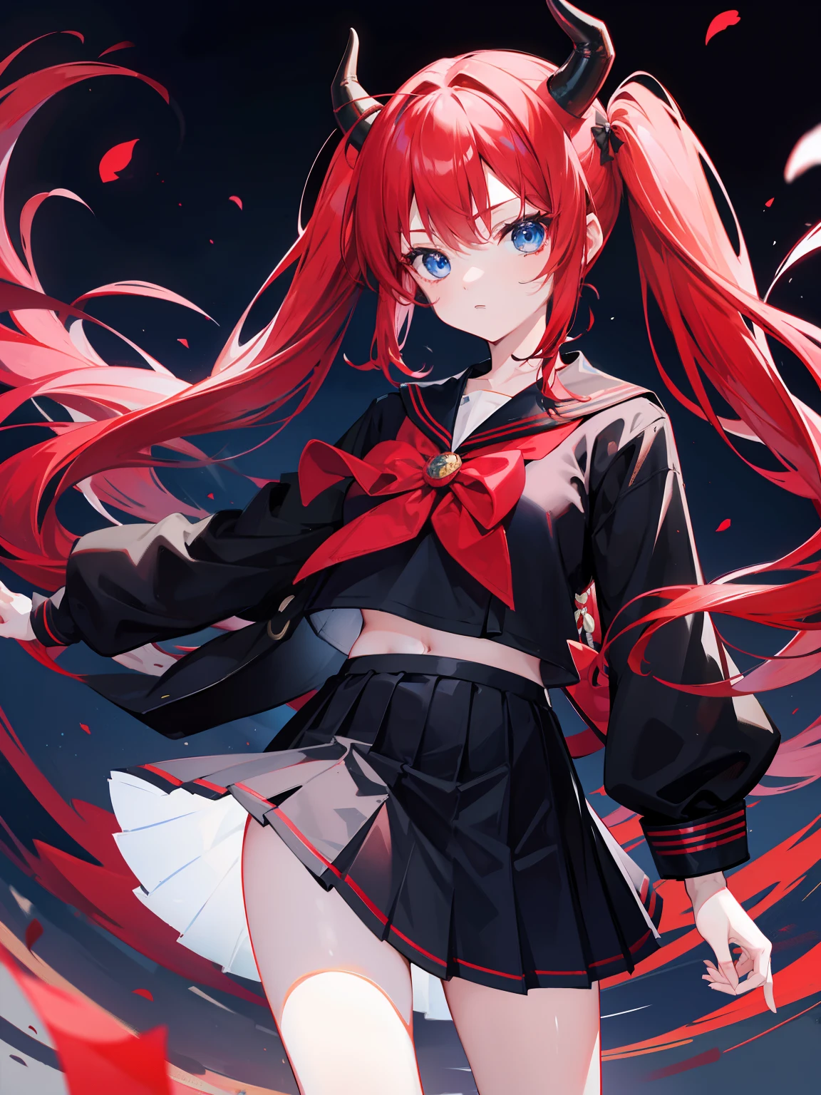 red hair, blue eyes, twintails, Sailor suit,black coat, Dragon horns,Pleated skirt,solo,loli,cute,bow