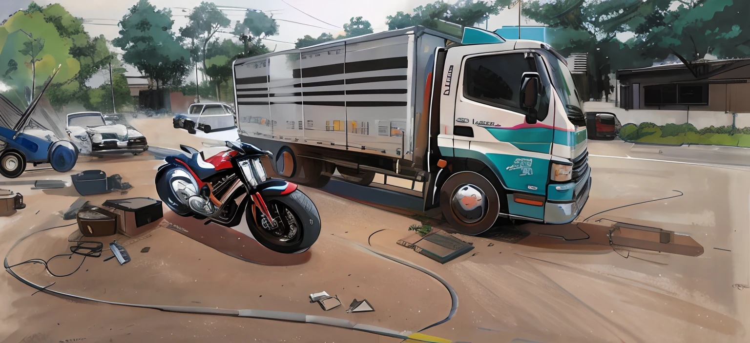 there is a truck that is parked next to a motorcycle,anime illustration, anime cartoon style, line art.