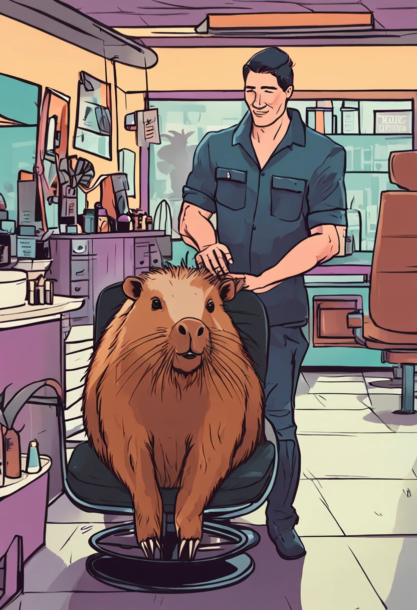 ((Man half capybara hairdresser in his salon:1.2),esperando seus clientes)